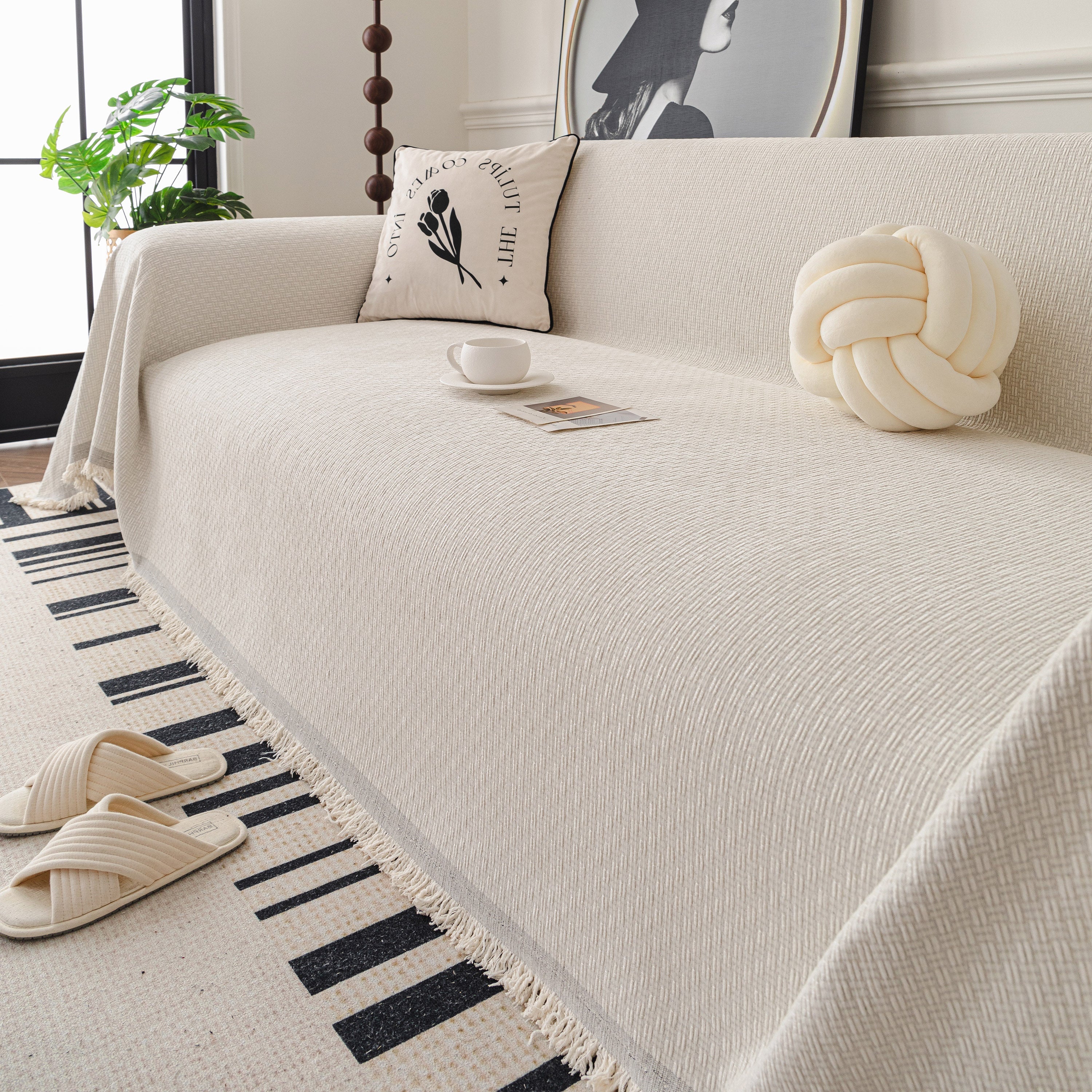 Textured Woven Modern Sofa Cover, Natural Blend Decorative Couch Throw Blanket