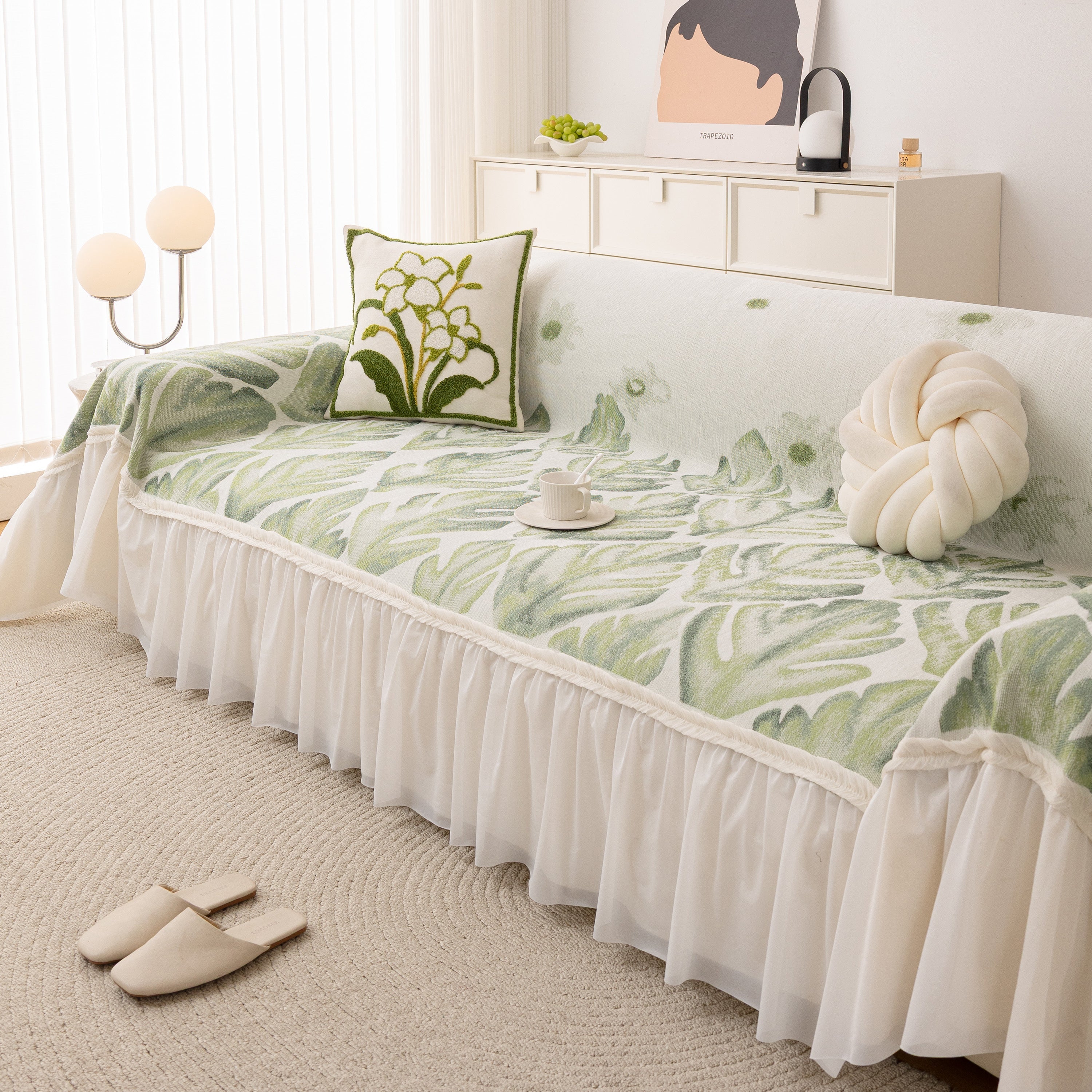 Botanical Sofa Cover with Chiffon Skirt, Floral Couch Throw Blanket for All-Season