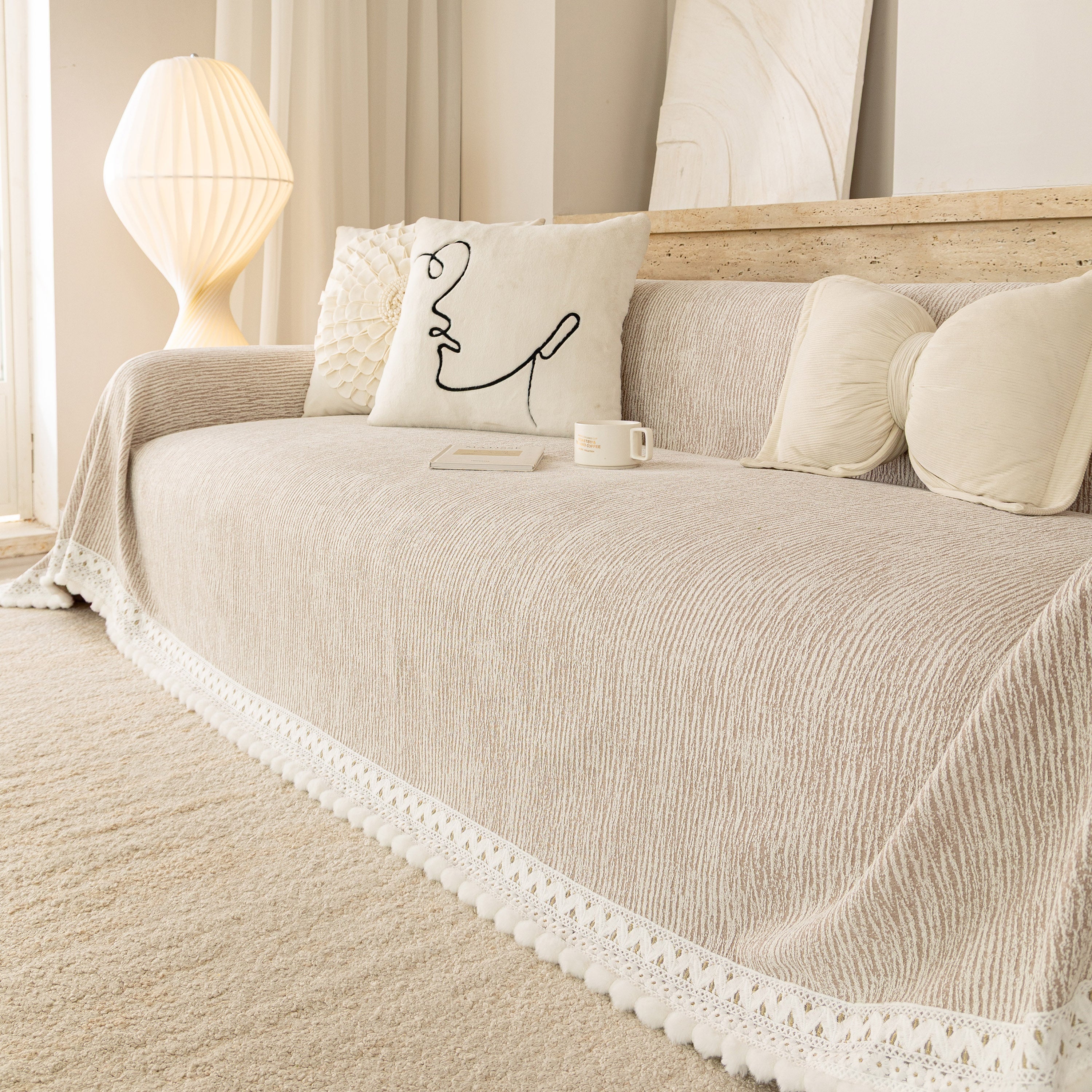 Sofa Cover Throw with Lace Trim & Pom-Pom Fringe, Decorative Couch Cover Blanket