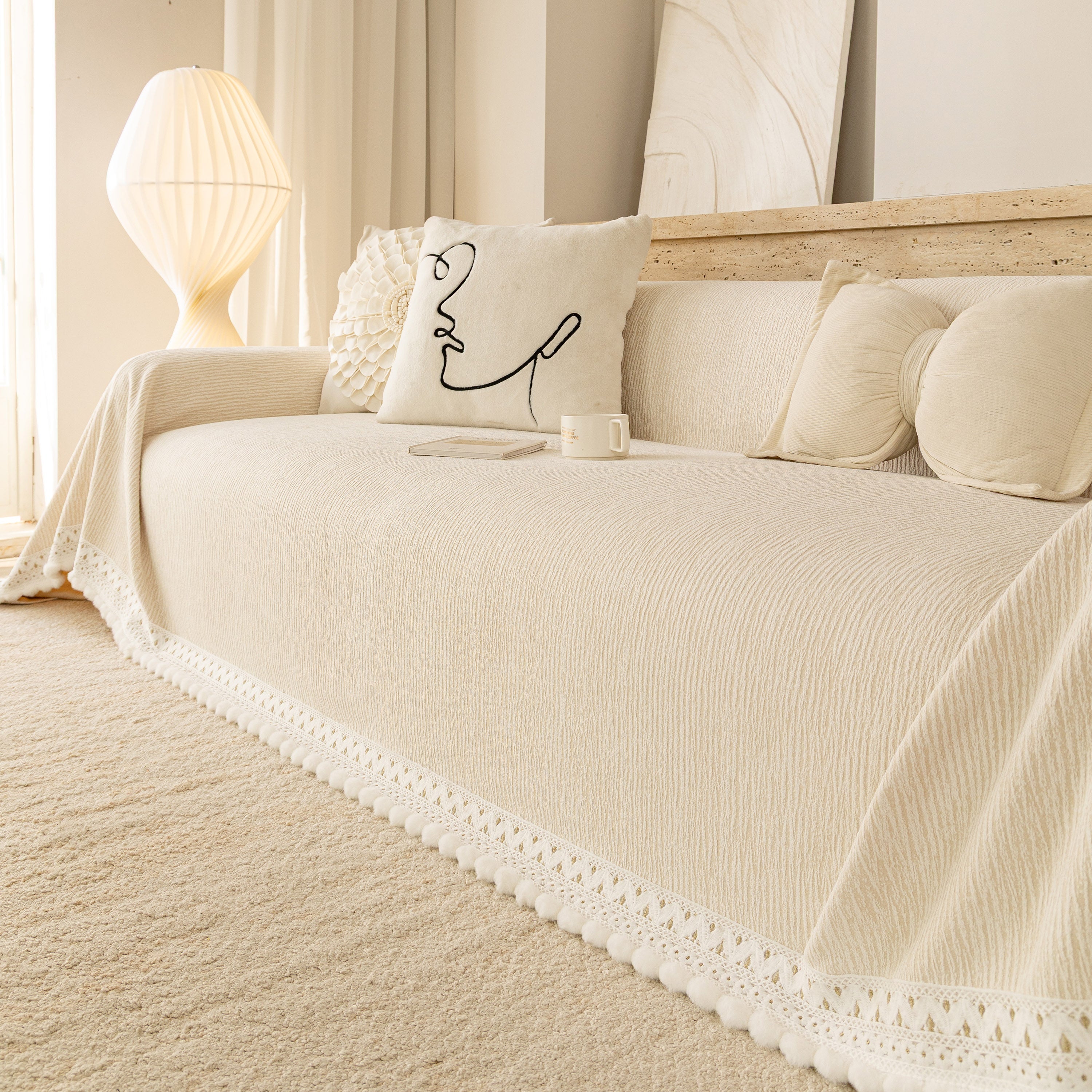 Sofa Cover Throw with Lace Trim & Pom-Pom Fringe, Decorative Couch Cover Blanket