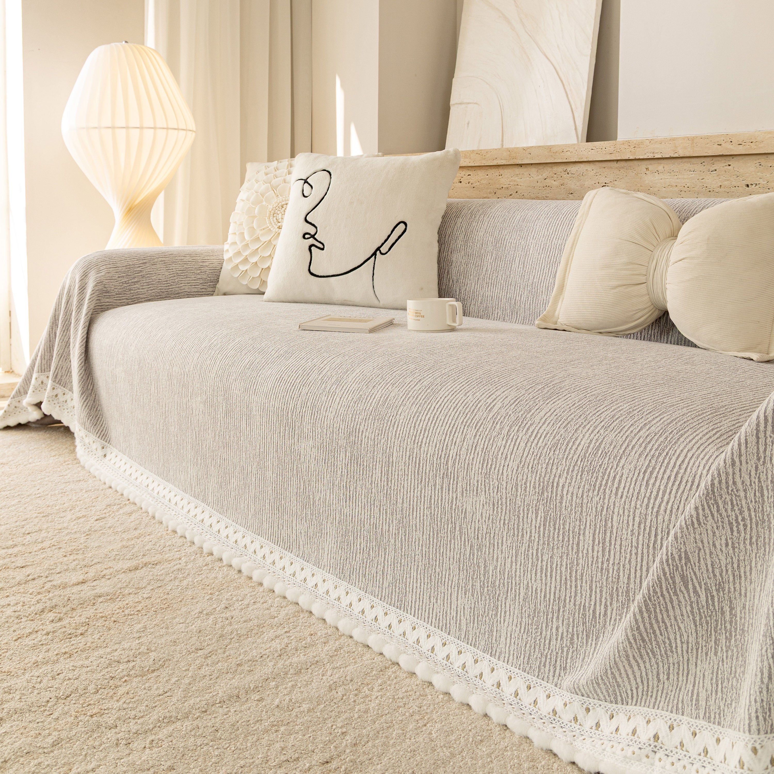 Sofa Cover Throw with Lace Trim & Pom-Pom Fringe, Decorative Couch Cover Blanket