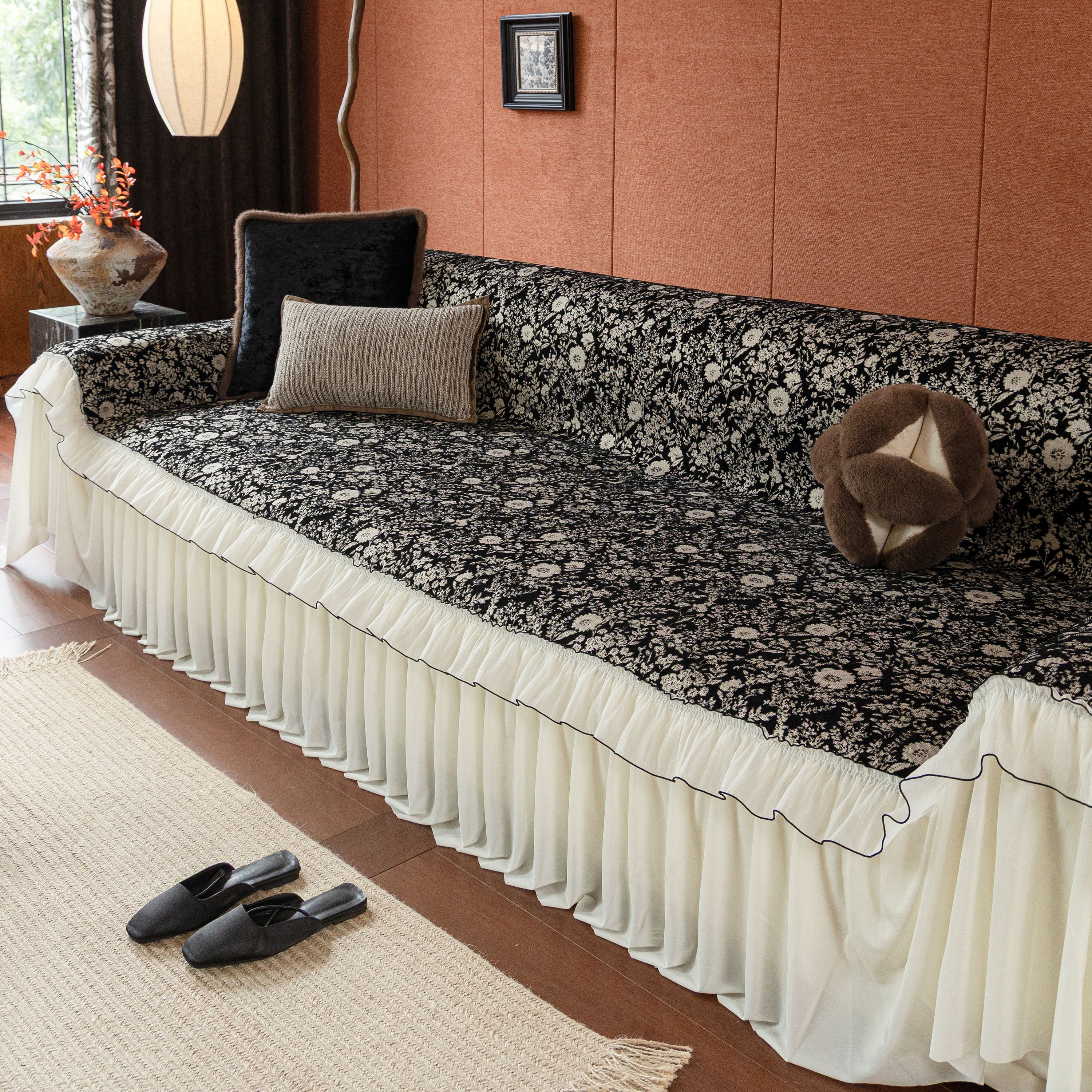 French Country Floral Sofa Cover with Chiffon Ruffle Skirt, Vintage Sofa Throw Cover