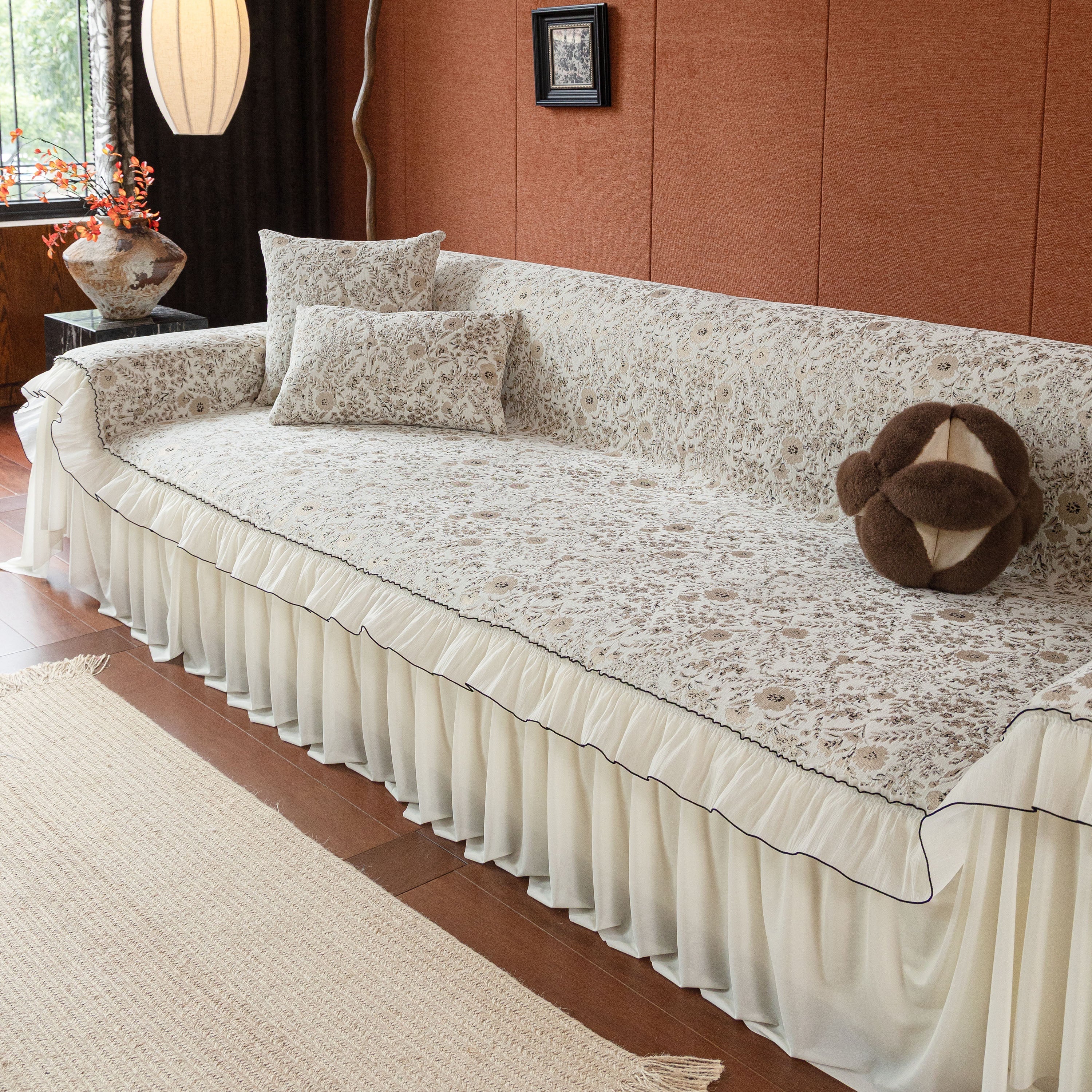 French Country Floral Sofa Cover with Chiffon Ruffle Skirt, Vintage Sofa Throw Cover