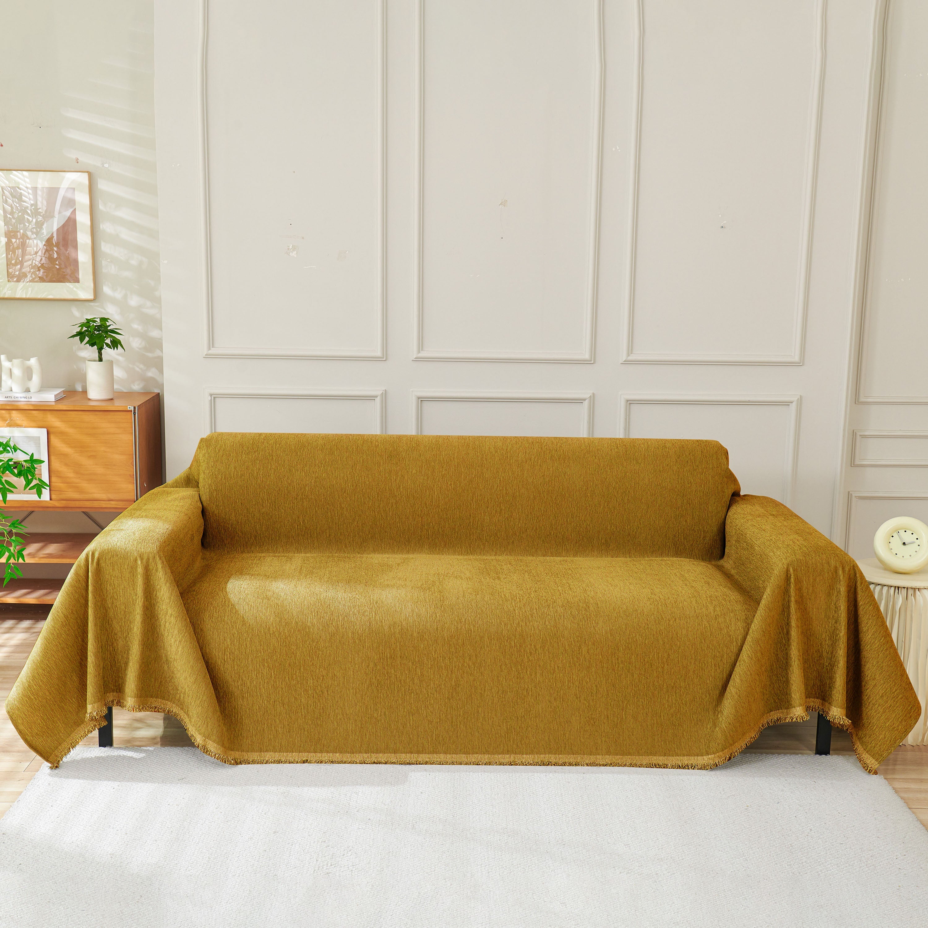 Solid Color Chenille Sofa Throw Blanket, Modern Decor Soft Couch Cover with Fringes