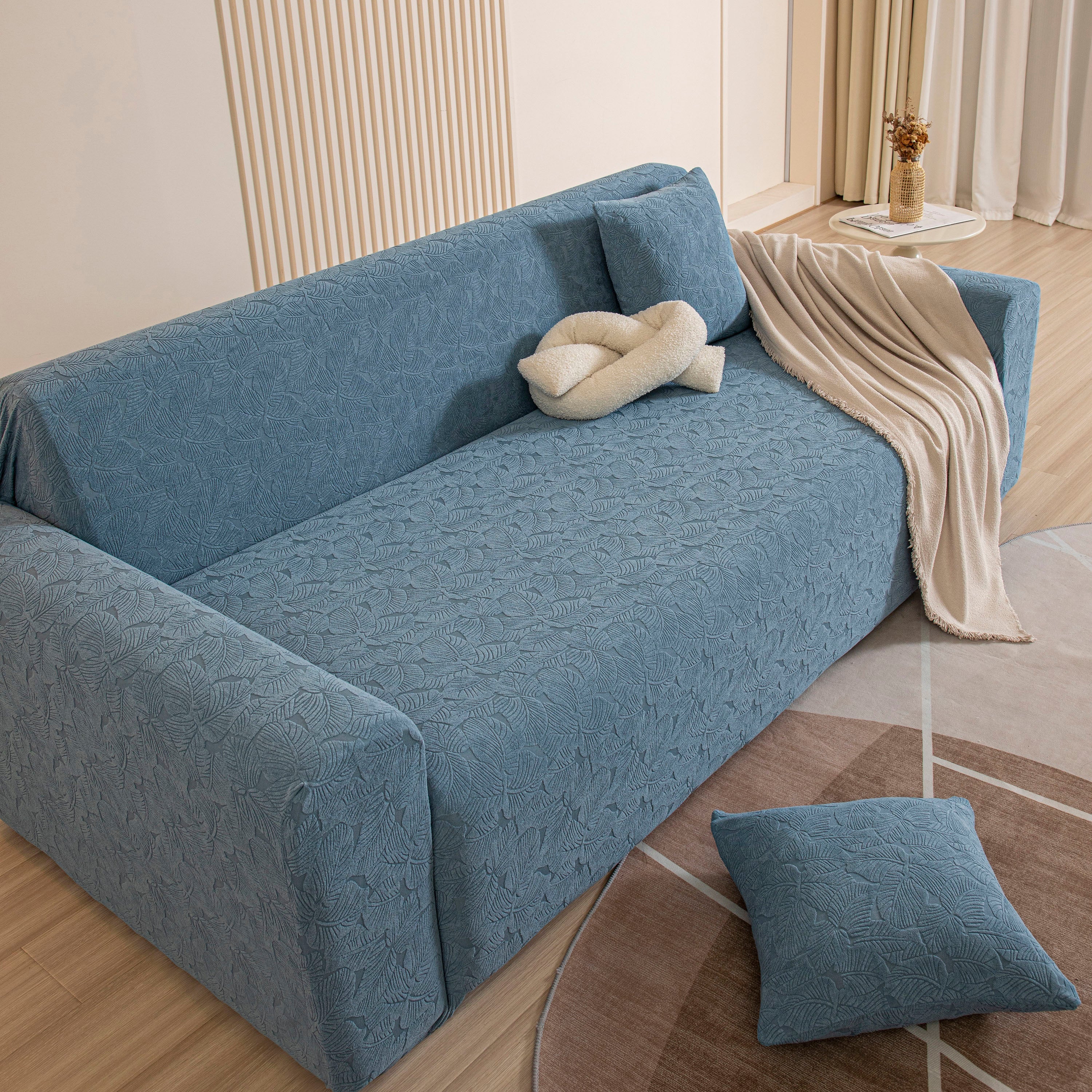 3D Jacquard Leaf Pattern Couch Slipcover, High Stretch Washable Textured Sofa Cover
