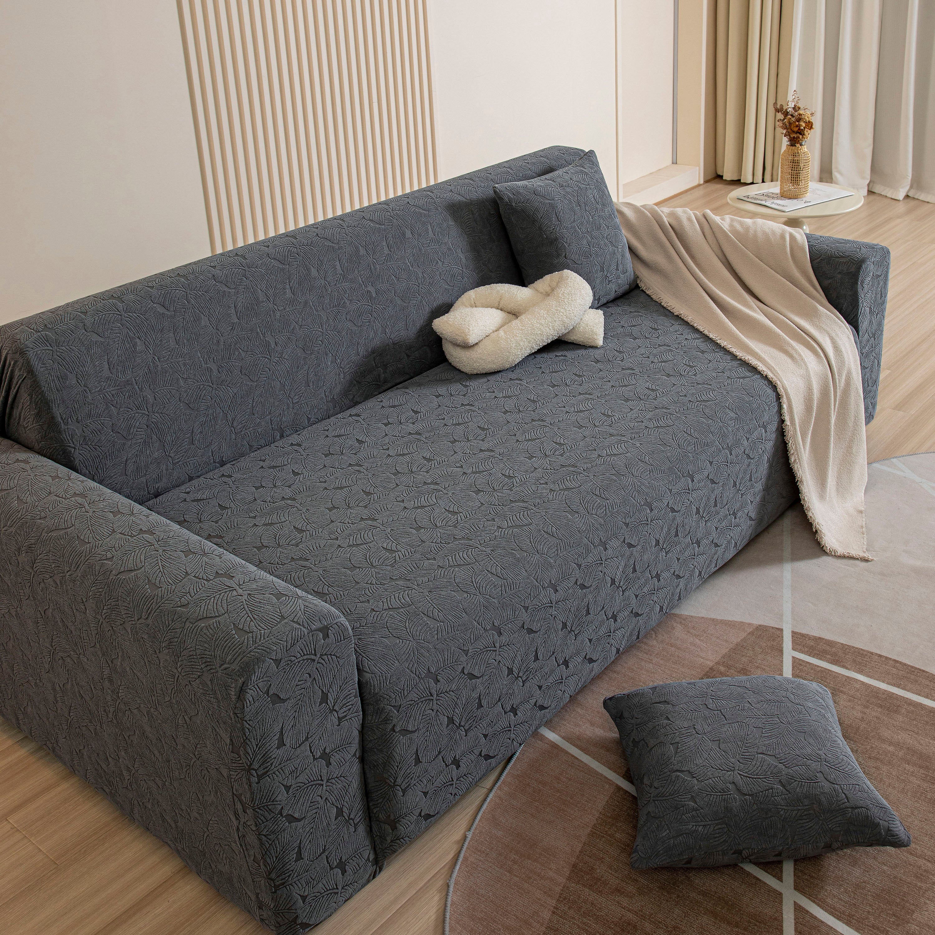 3D Jacquard Leaf Pattern Couch Slipcover, High Stretch Washable Textured Sofa Cover