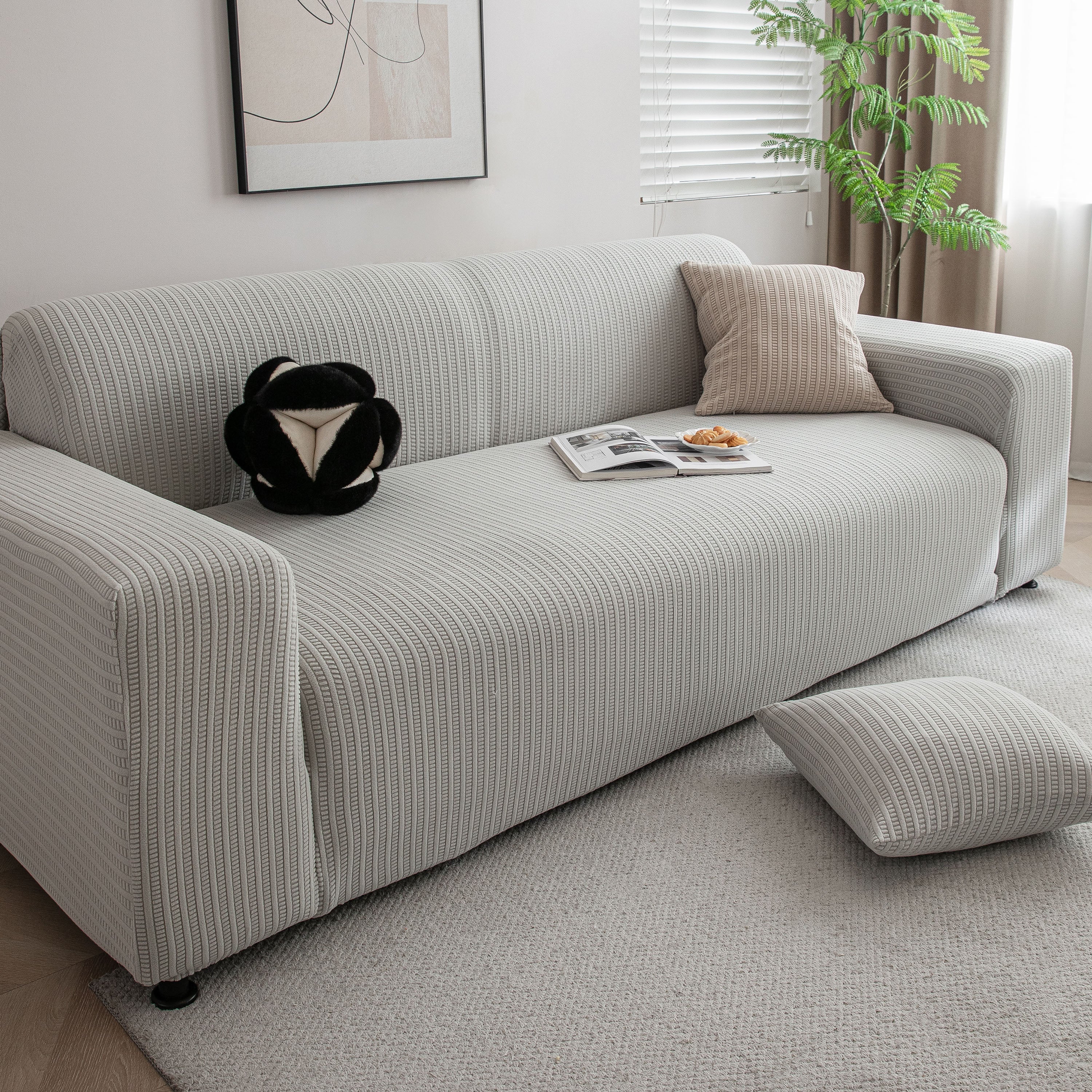 3D Grid Jacquard Sofa Cover, High Stretch Plush Waffle Couch Slipcover with Tie Straps