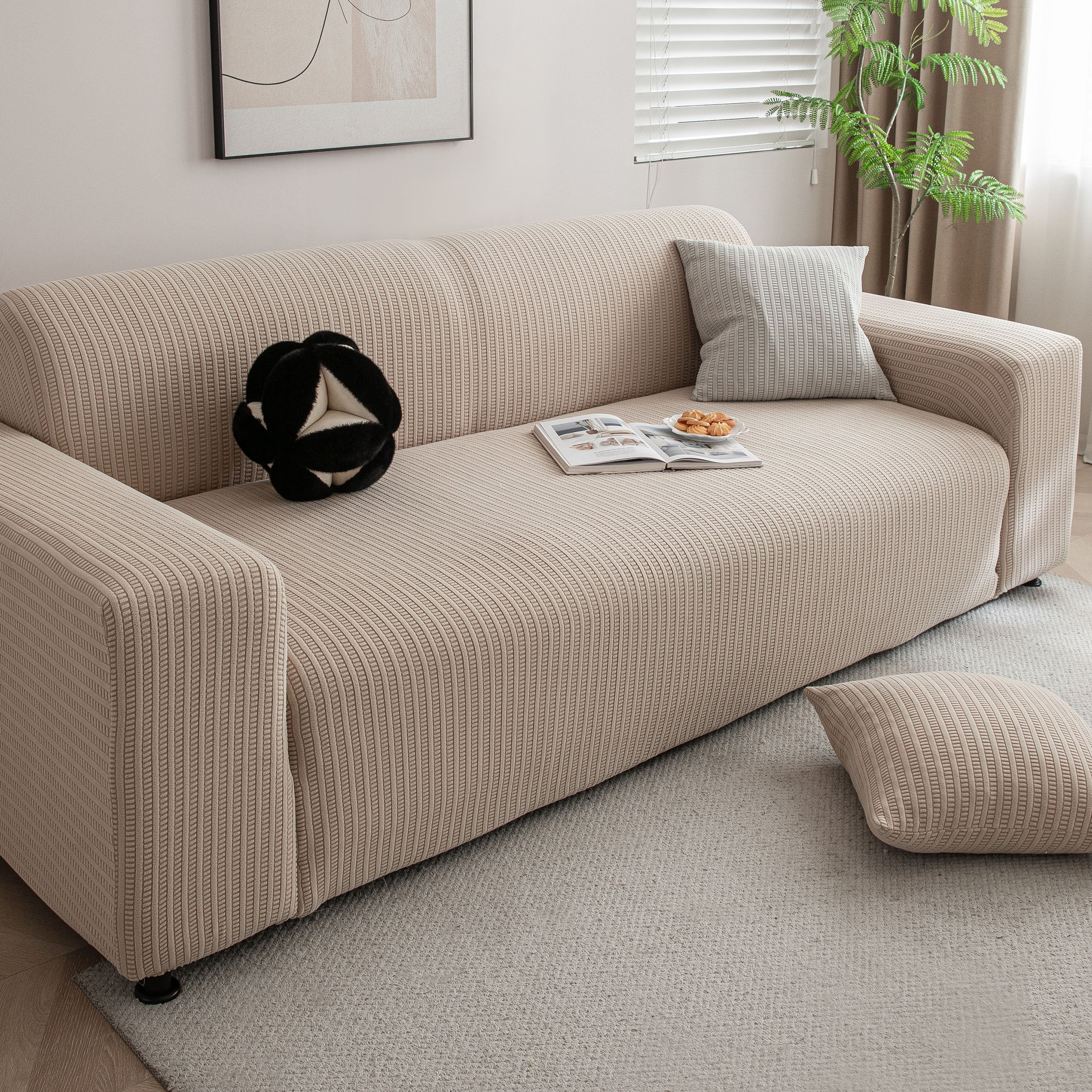 3D Grid Jacquard Sofa Cover, High Stretch Plush Waffle Couch Slipcover with Tie Straps