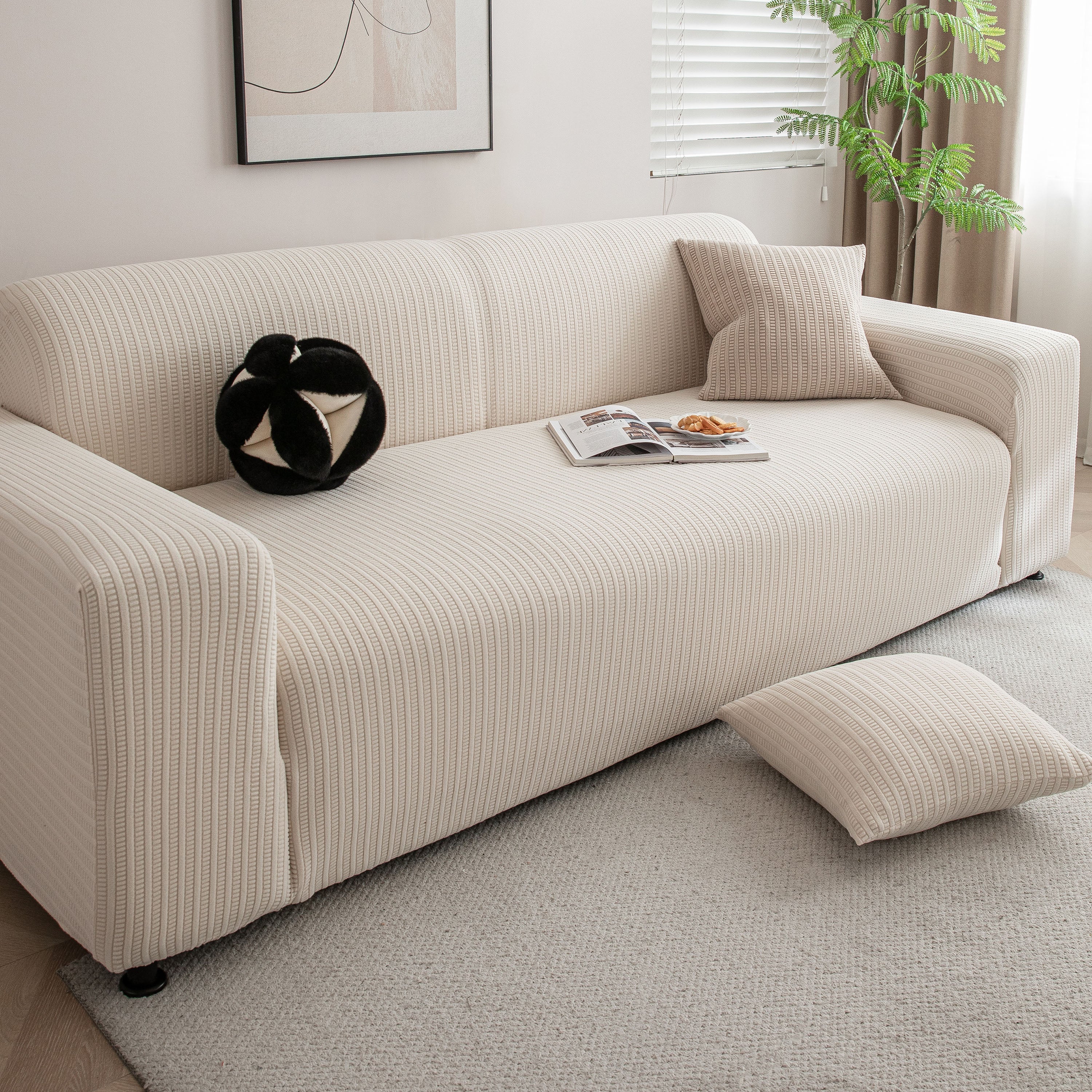 3D Grid Jacquard Sofa Cover, High Stretch Plush Waffle Couch Slipcover with Tie Straps
