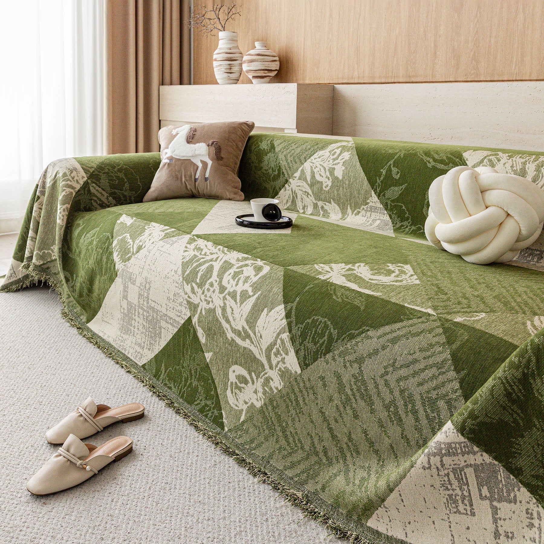 Boho Floral Couch Cover Blanket, Decorative Rustic Vintage Botanical Sofa Throw Cover