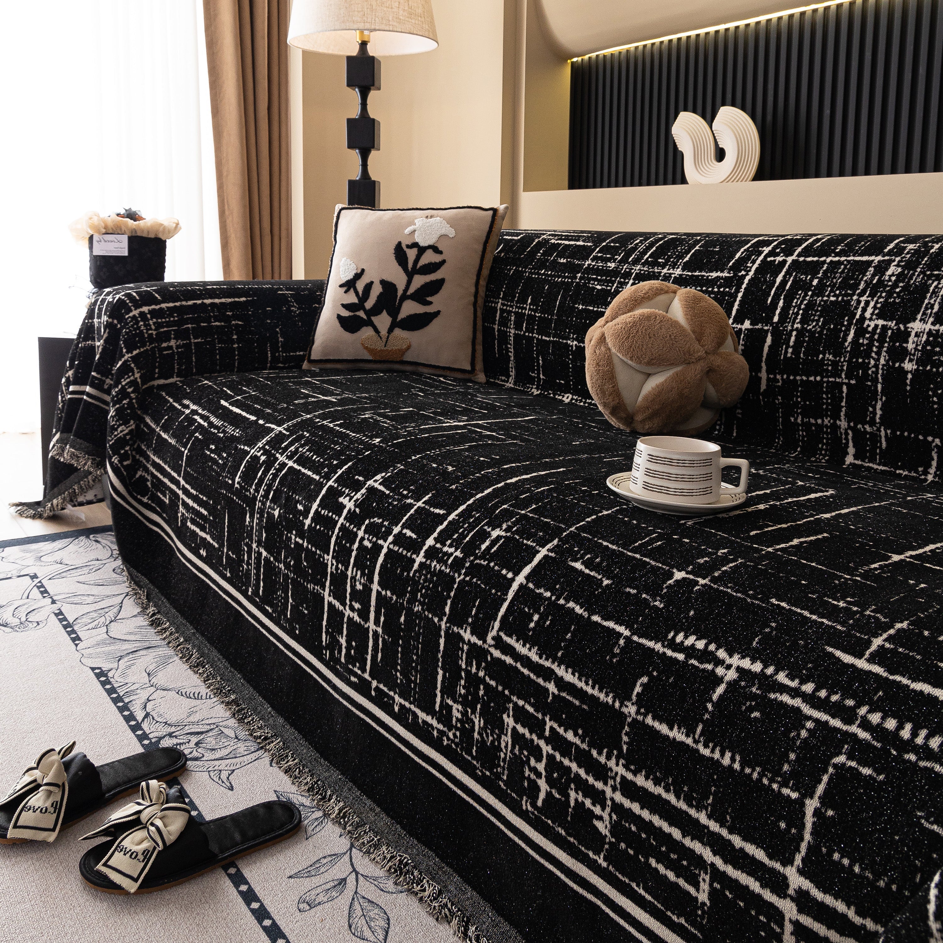 Modern Couch Protector Blanket Woven Chenille Sofa Cover Throw with Artistic Grid