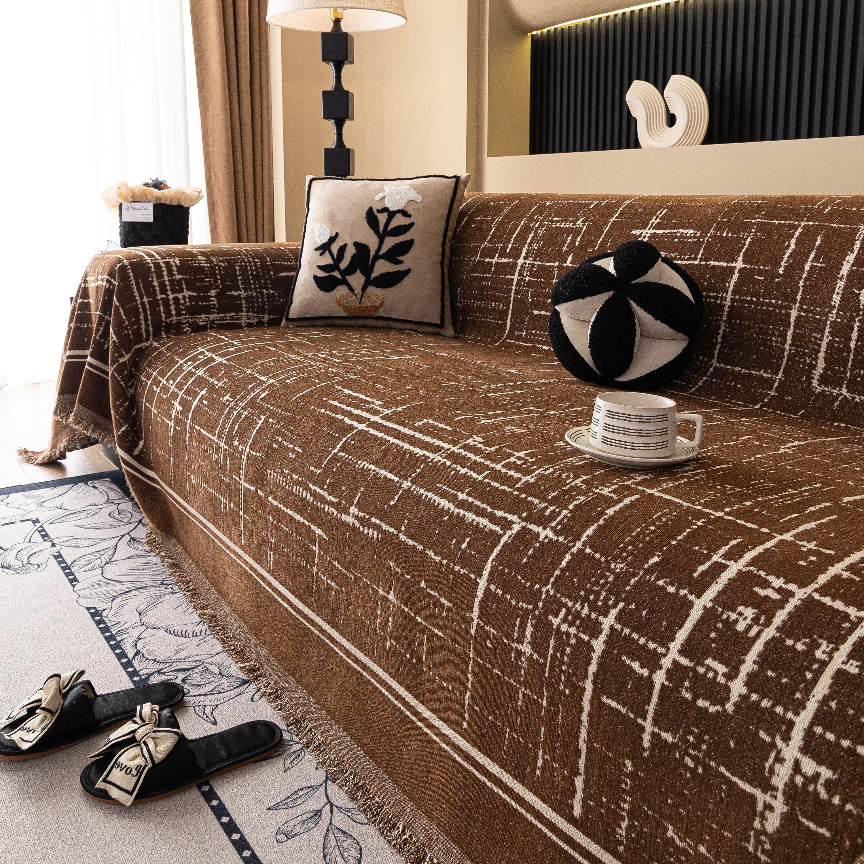 Modern Couch Protector Blanket Woven Chenille Sofa Cover Throw with Artistic Grid