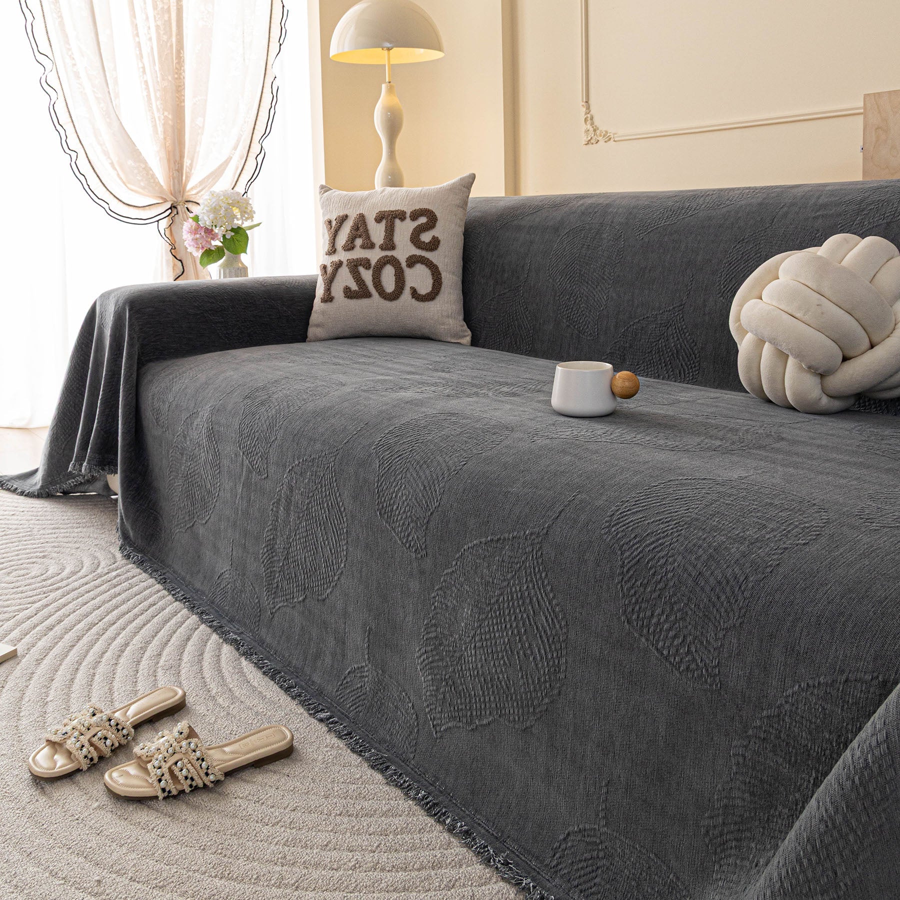 Embossed Leaf Pattern Couch Cover Throw Blanket, Japandi Furniture Cover Protector