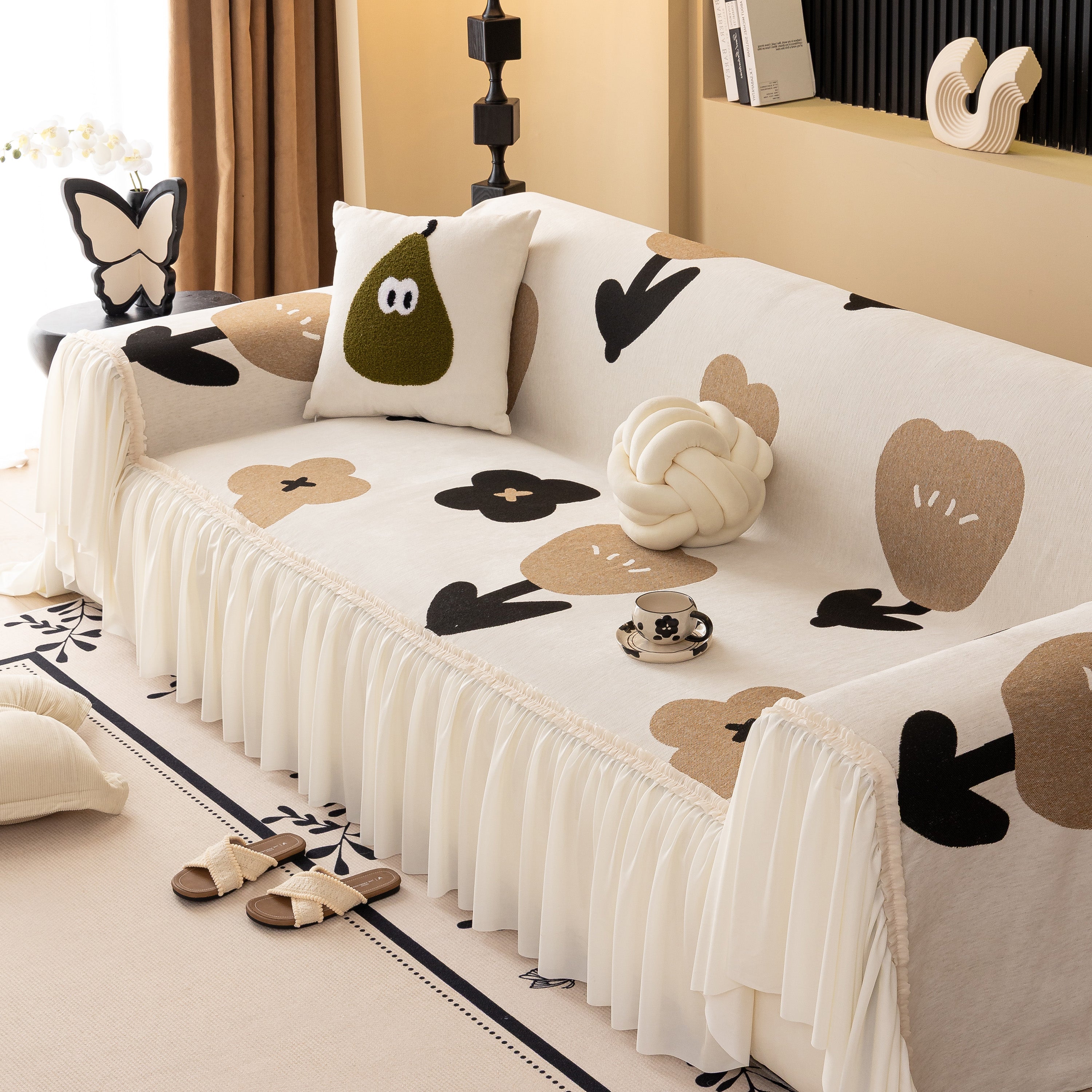 Retro Floral Sofa Cover with Sheer Ruffle Skirt, Decorative Sofa Protector Cover