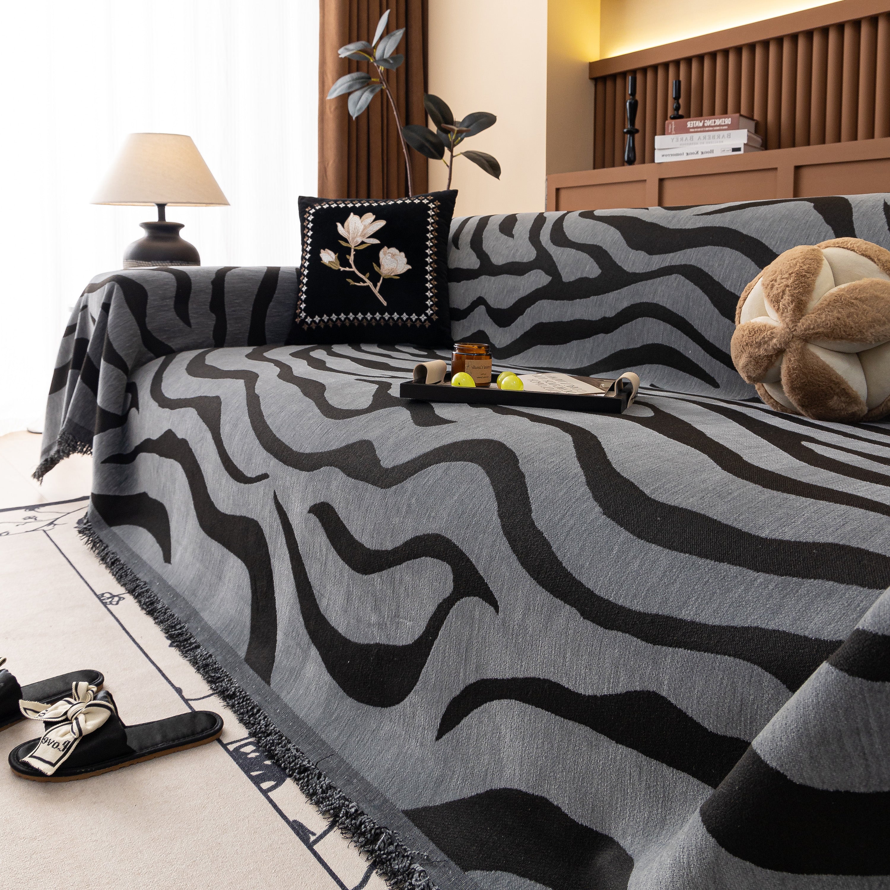 Zebra Striped Chenille Throw Sofa Cover Full-Cover Decorative Furniture Slipcover