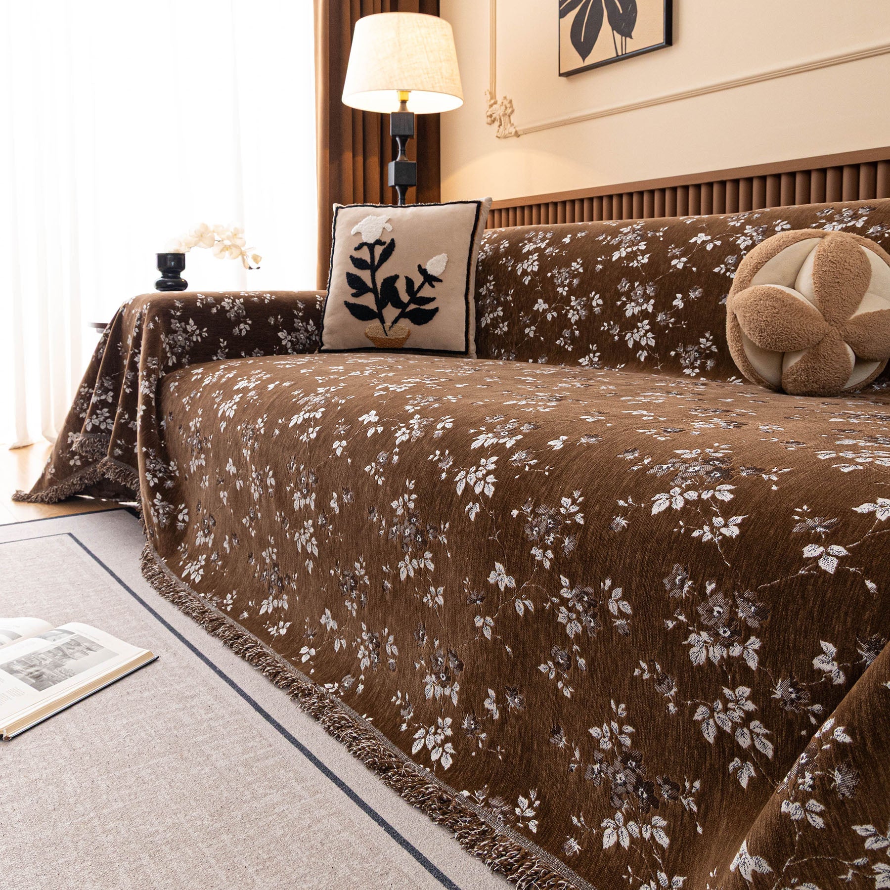 Vintage Floral Sofa Throw Cover, Decorative Farmhouse Sofa Cover for Living Room
