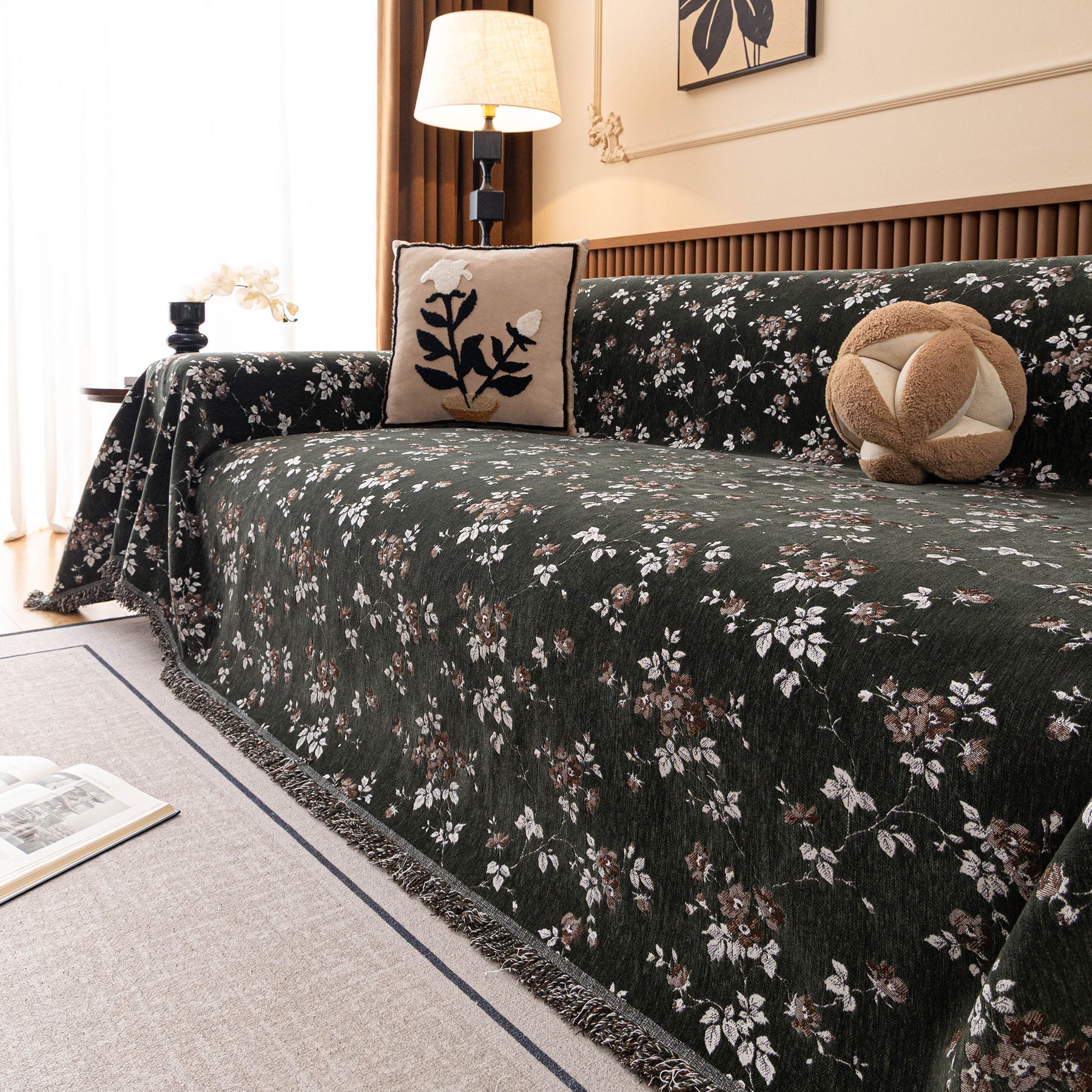 Vintage Floral Sofa Throw Cover, Decorative Farmhouse Sofa Cover for Living Room