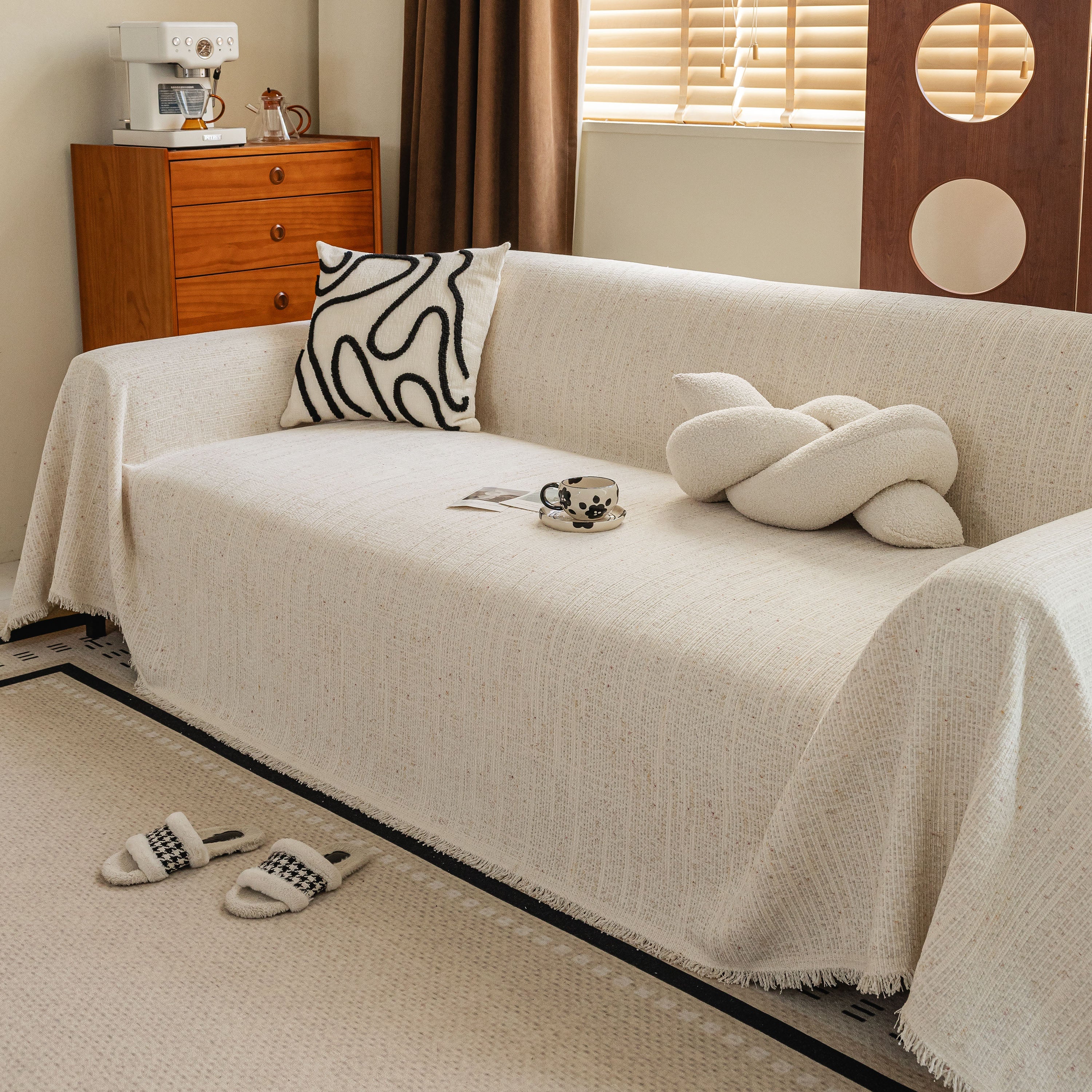 Boho Woven Sofa Throw Cover, Modern Soft Couch Protector for Pets & Living Room Decor