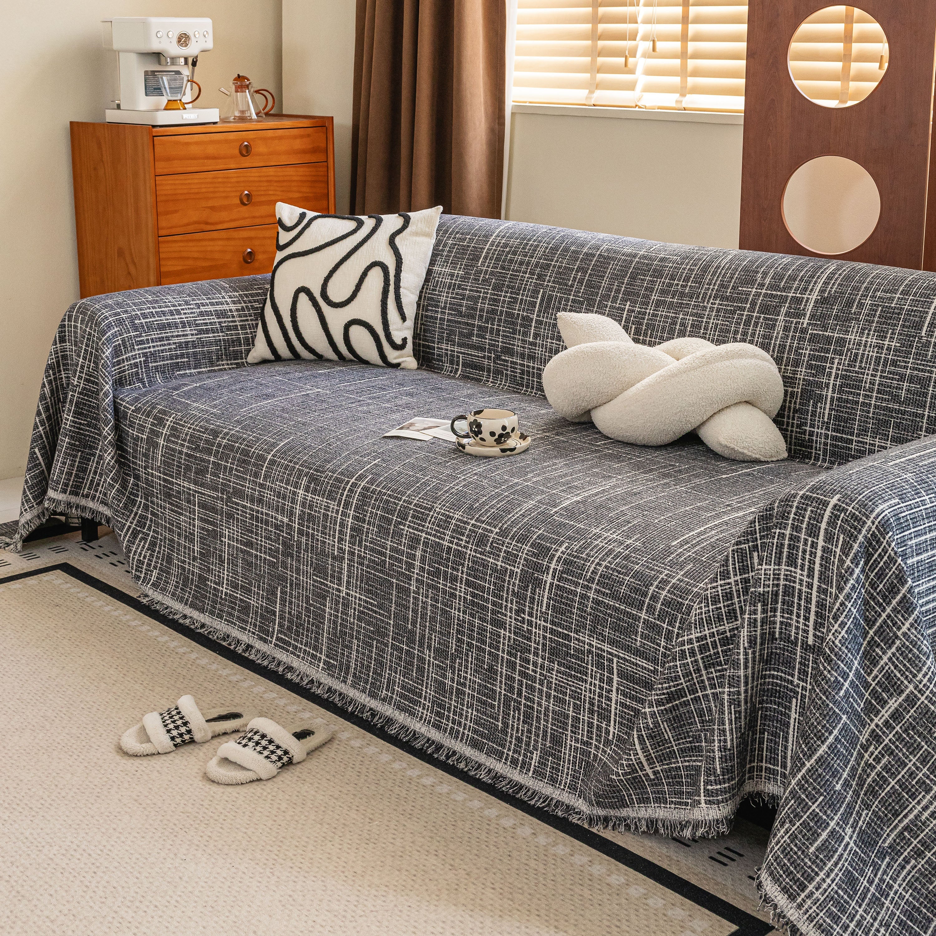 Boho Woven Sofa Throw Cover, Modern Soft Couch Protector for Pets & Living Room Decor