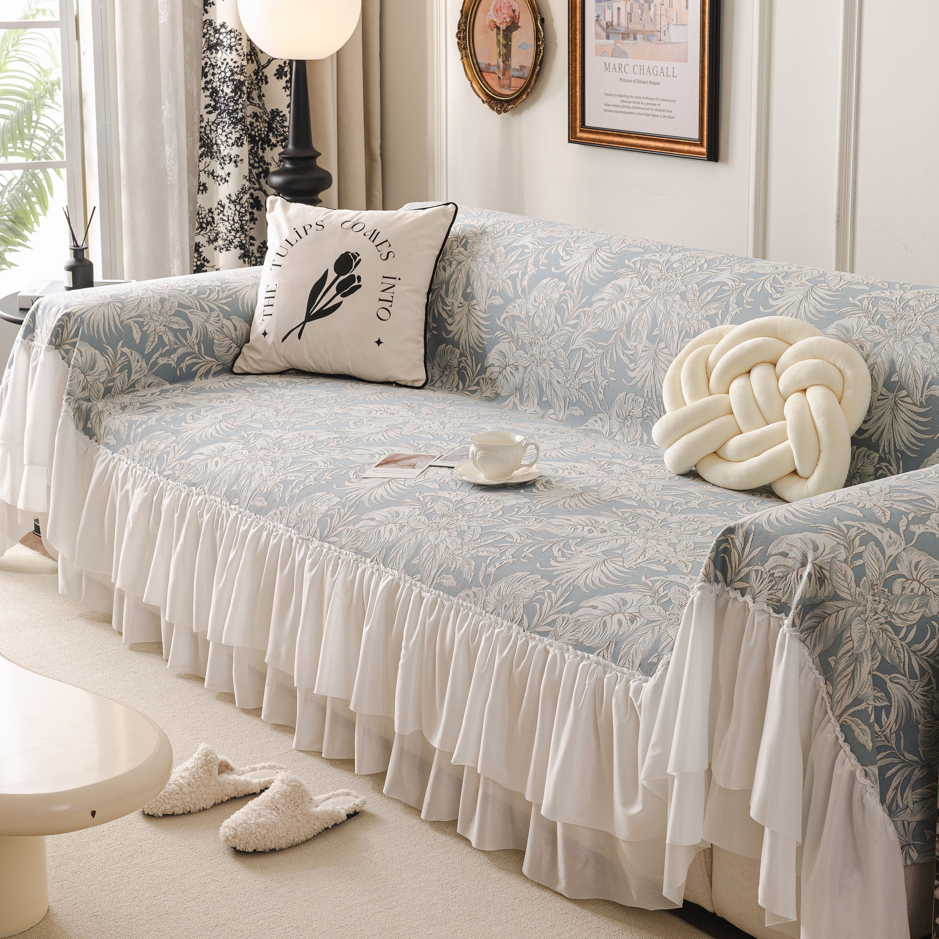 French Chic Style Ruffle Floral Cover Throws for Sofas, Decorative Couch Covers