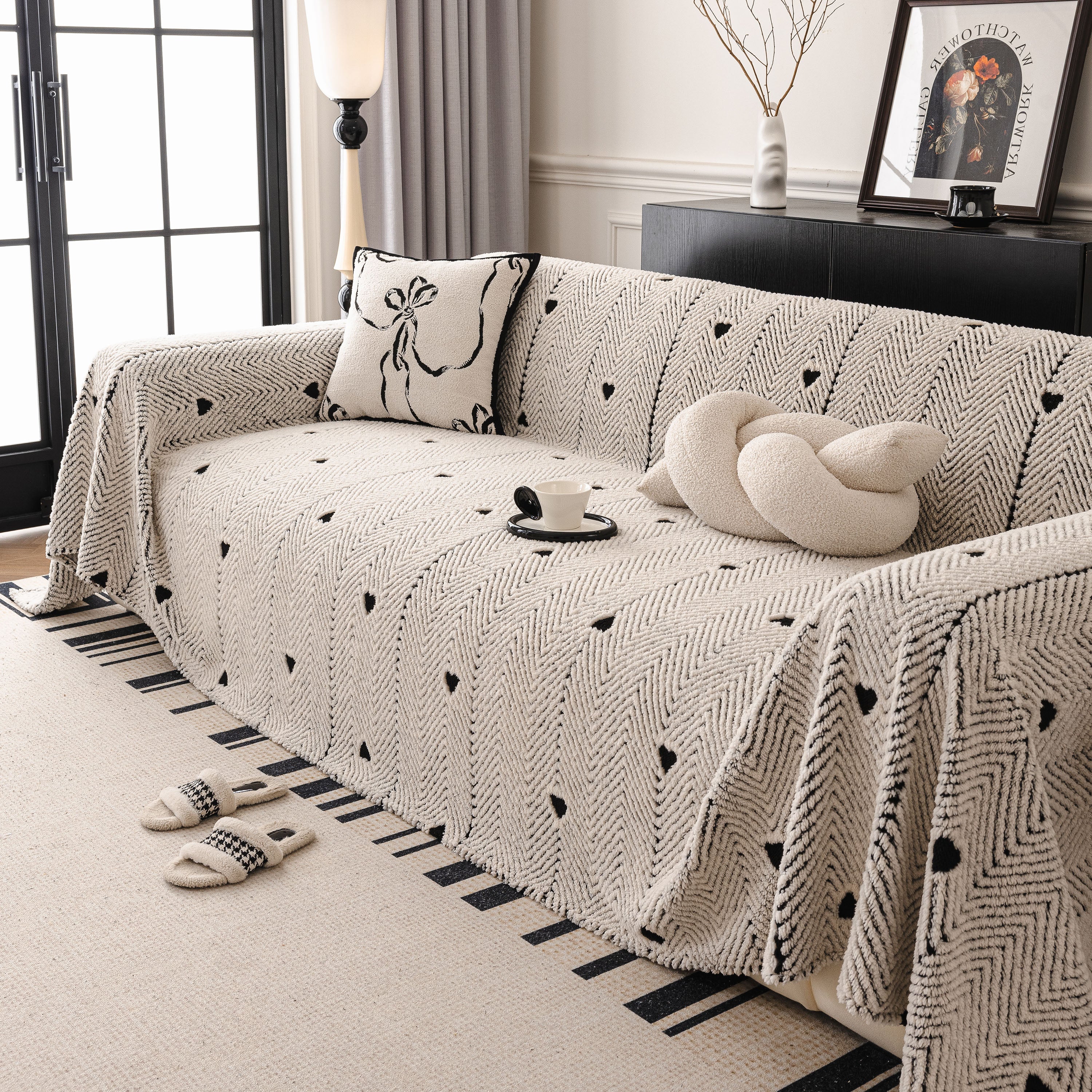 Thick Plush Sofa Cover Throw for Couch, 3D Textured Herringbone Washable Slipcover