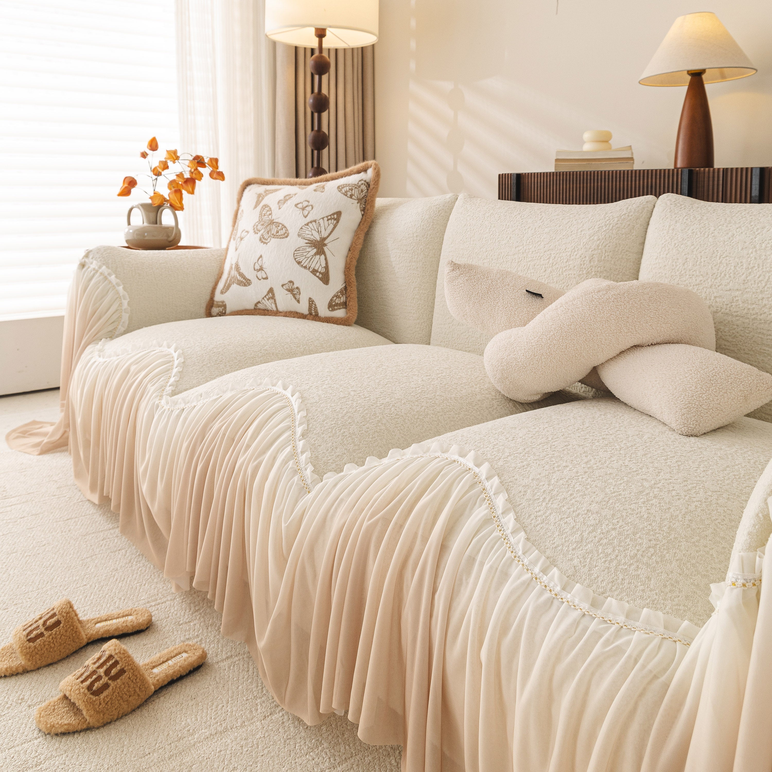 Luxury Sofa Throw Cover with Elegant Ruffled Skirt, Soft Decorative Couch Protector