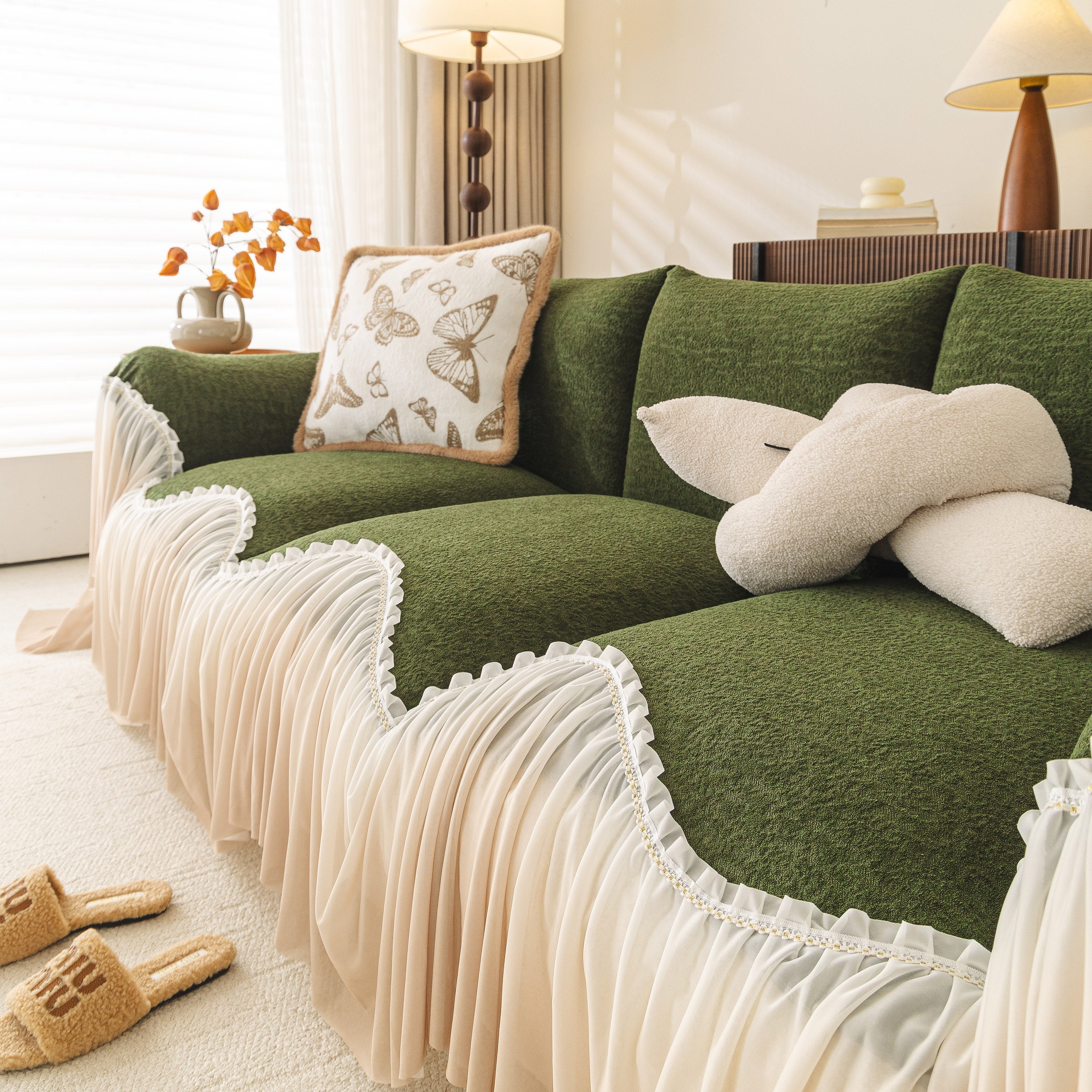 Luxury Sofa Throw Cover with Elegant Ruffled Skirt, Soft Decorative Couch Protector