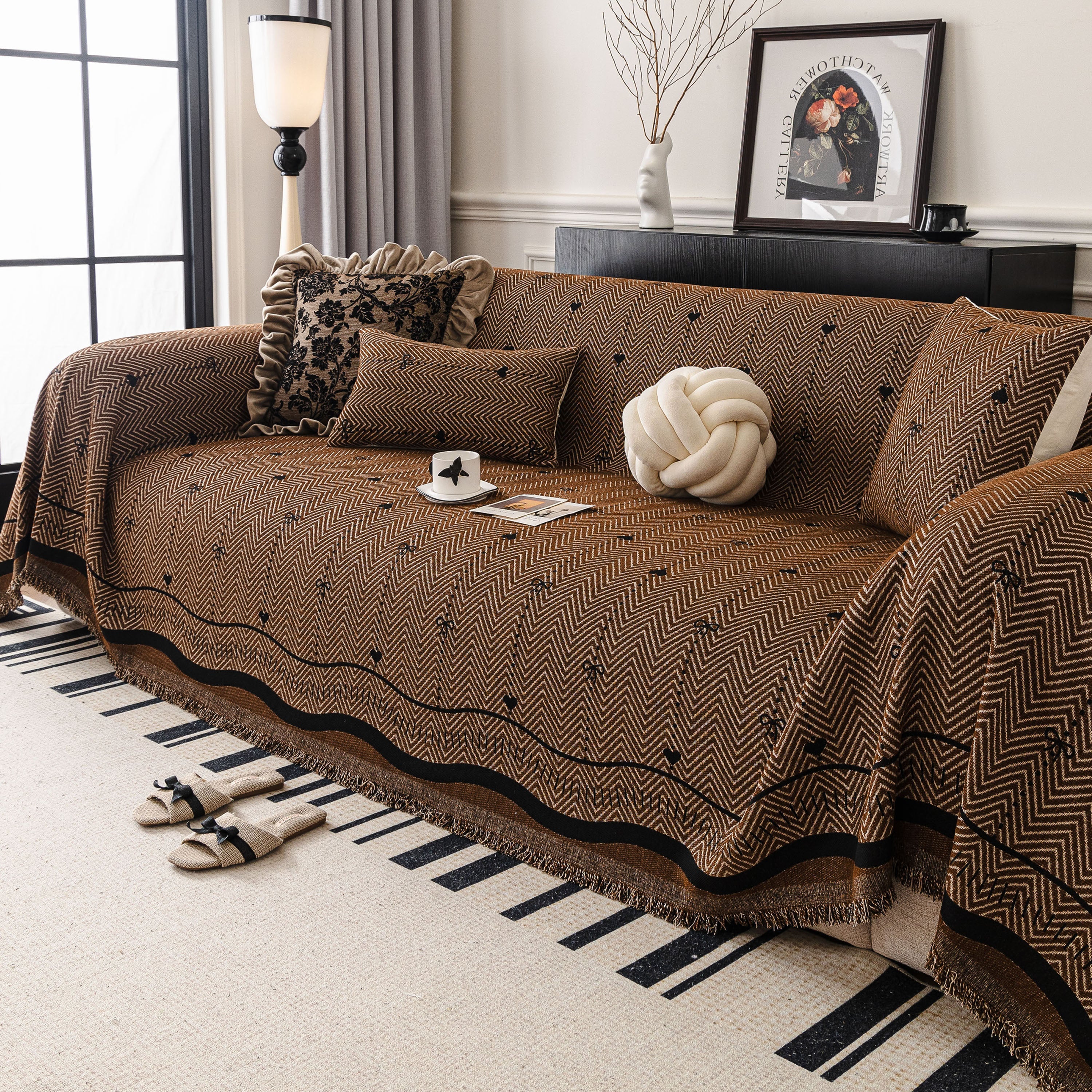 Chenille Couch Throw Cover Decorative Herringbone Sofa Blanket Protector for Couch