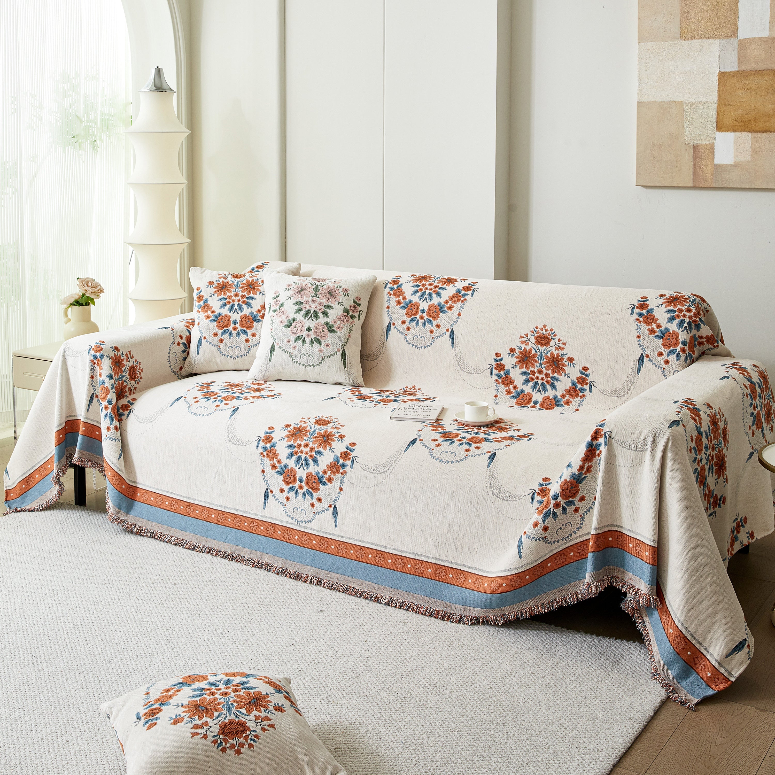 Charming French Country Floral Basket Sofa Throw Cover Rustic Farmhouse-Style Couch Cover Blankets