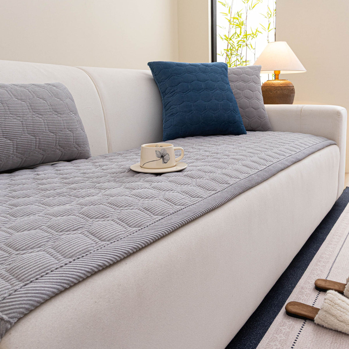 Geometric Quilted Corduroy Couch Topper, Non-Slip Padded Sofa Protector Cover for Pets