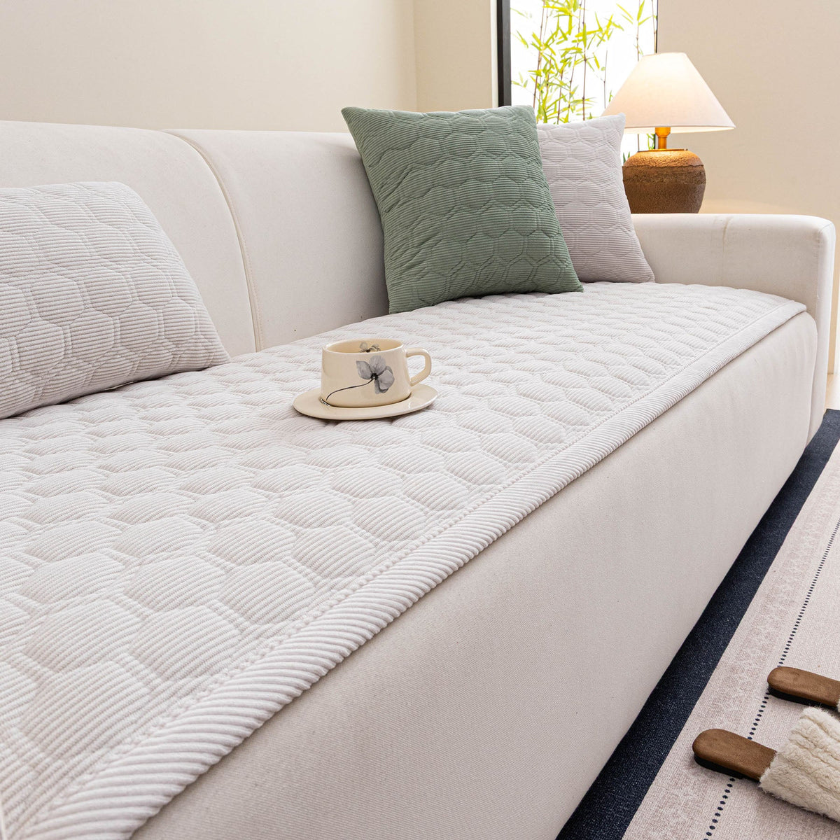 Geometric Quilted Corduroy Couch Topper, Non-Slip Padded Sofa Protector Cover for Pets
