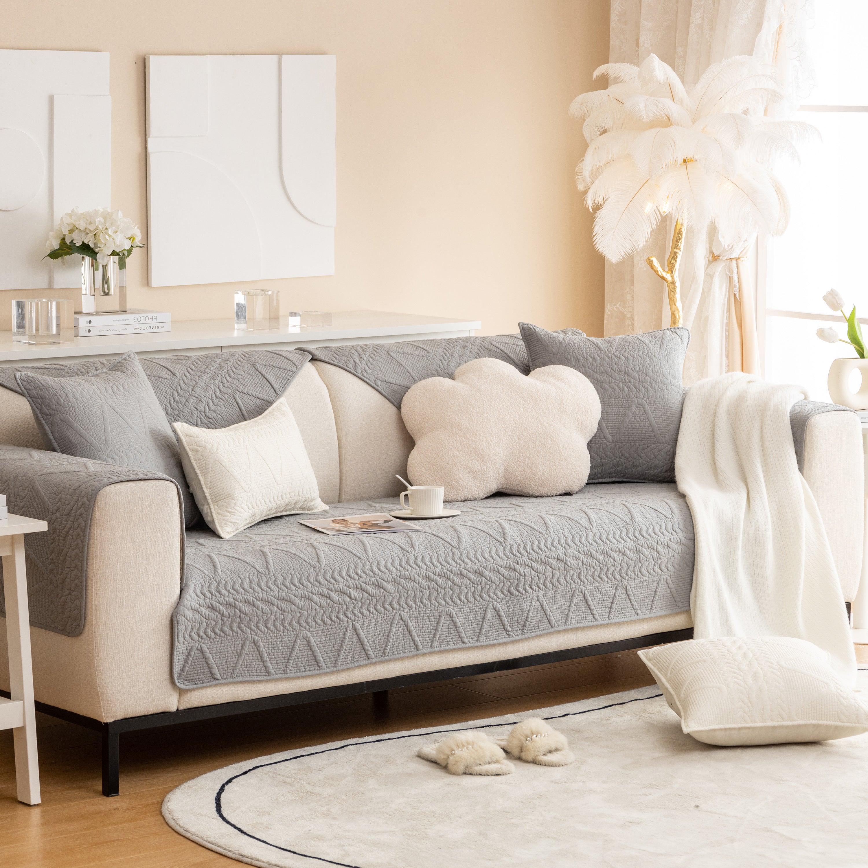 Geometric Textured Cotton Quilted Sofa Cover, Non-Slip Washable Couch Protector