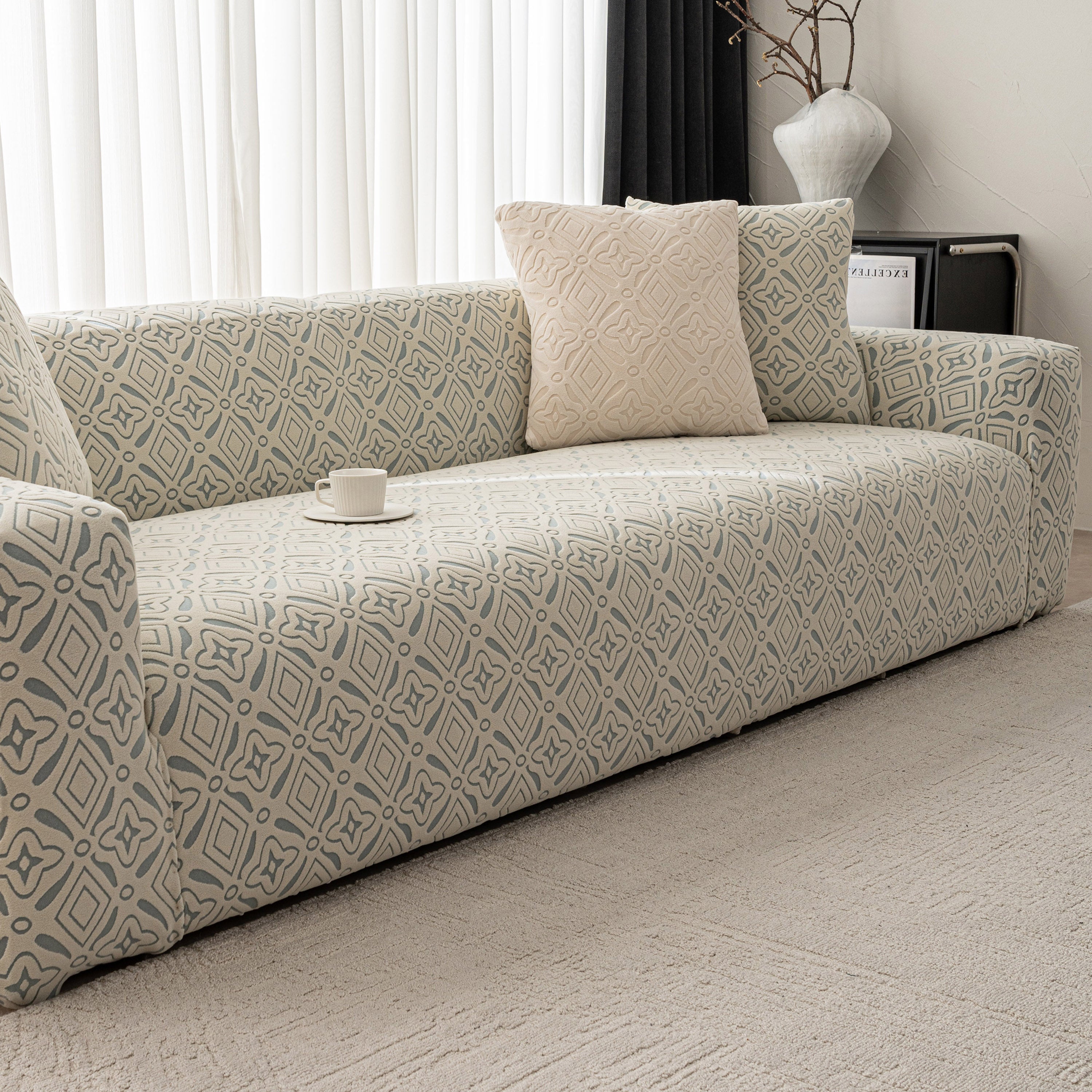 3D Jacquard Geometric Sofa Cover, High Stretch Soft Polar Fleece Slipcover for Couch