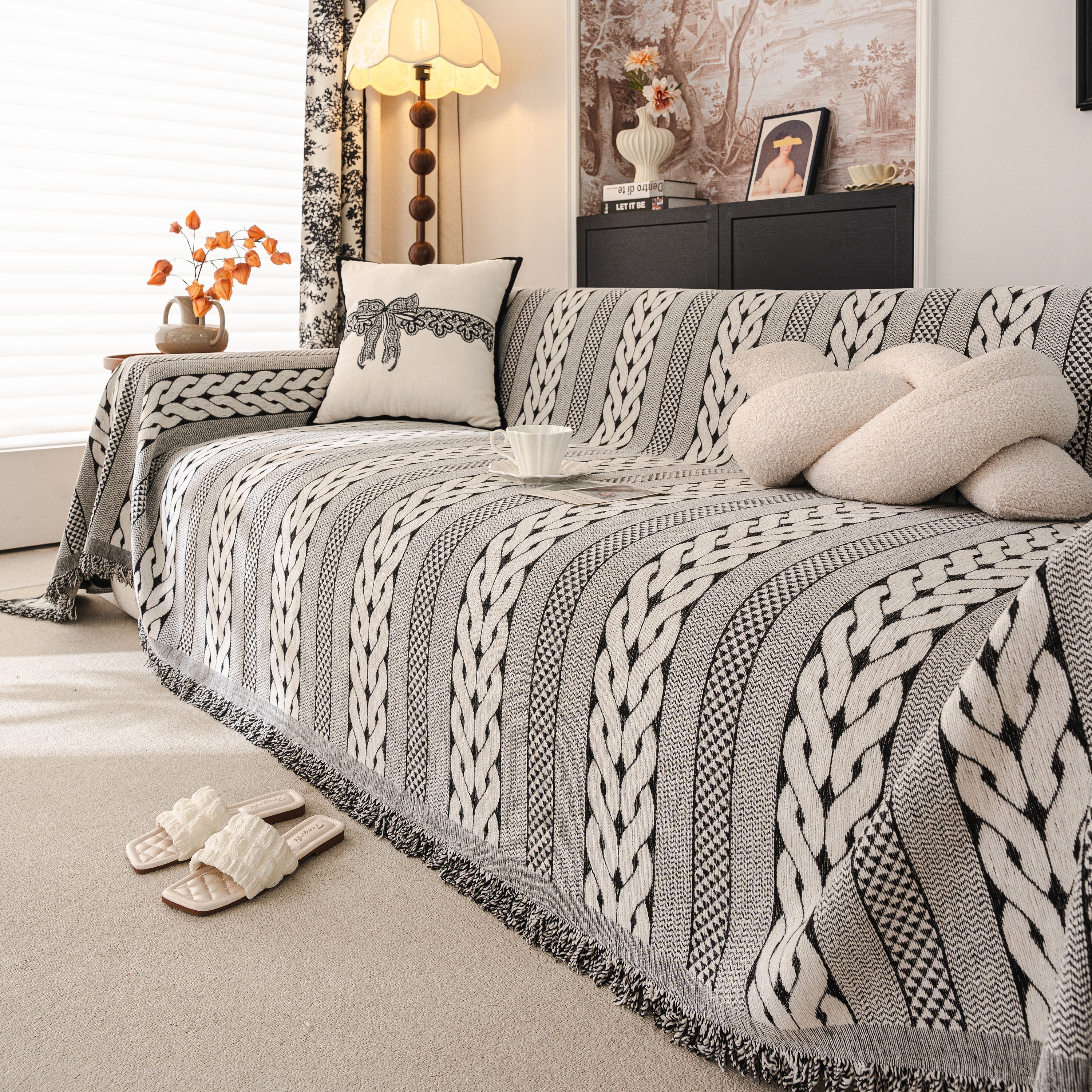 Sofa Cover Blanket Throw with Tassels, Decorative Furniture Protector for Dogs/Pets