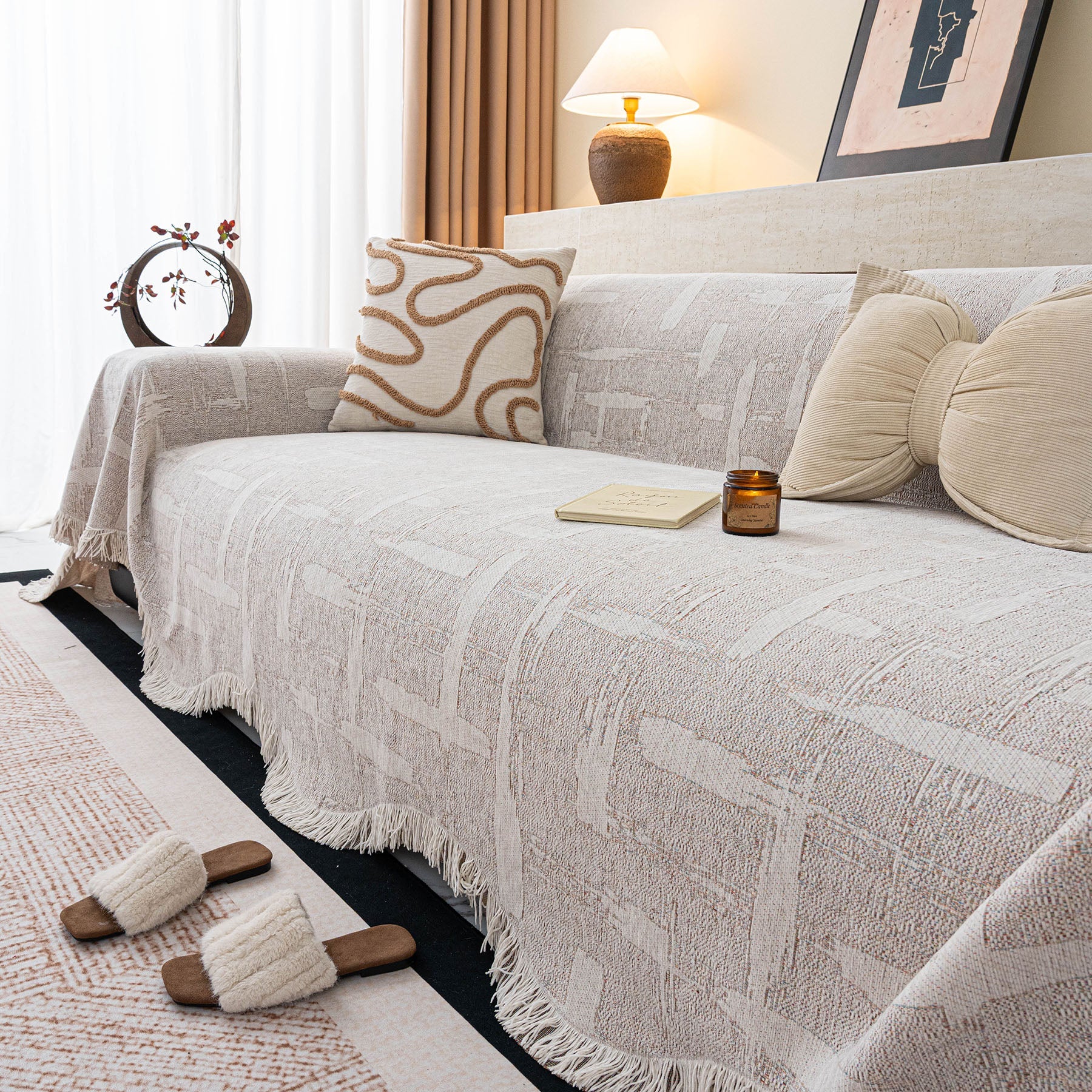 Chenille Sofa Cover Throw Blanket, Woven Textured Minimalist Wabi-Sabi Couch Cover
