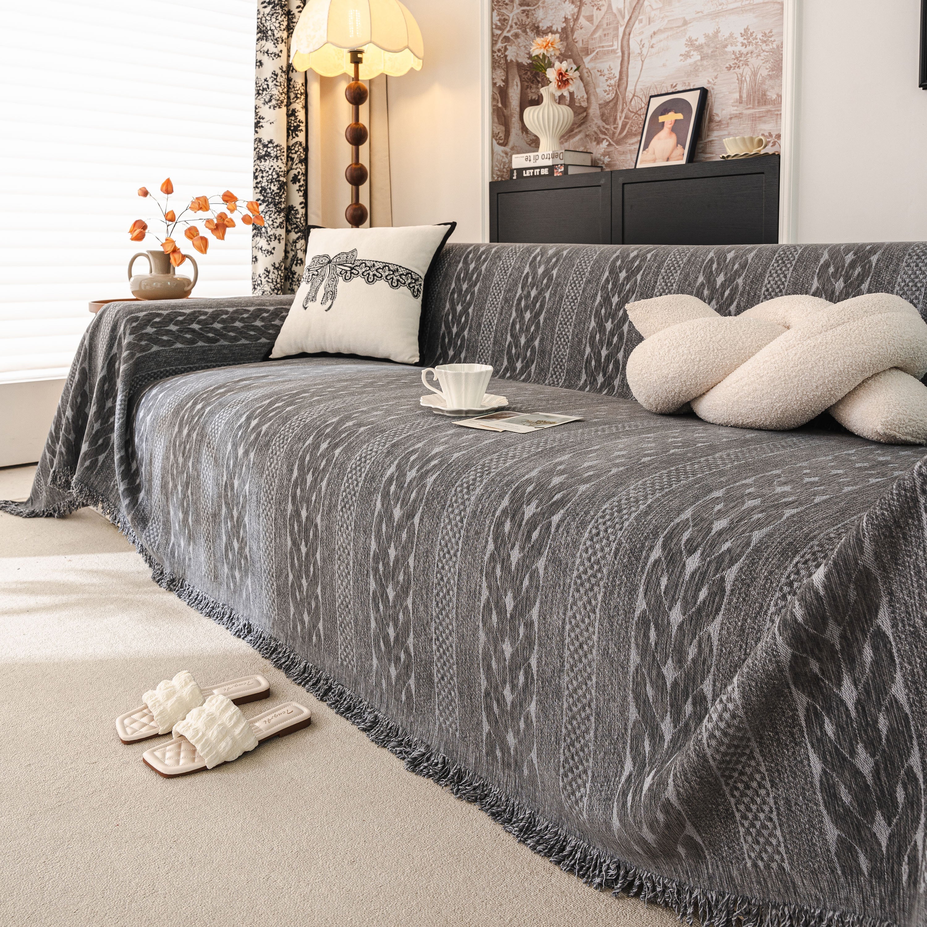 Sofa Cover Blanket Throw with Tassels, Decorative Furniture Protector for Dogs/Pets