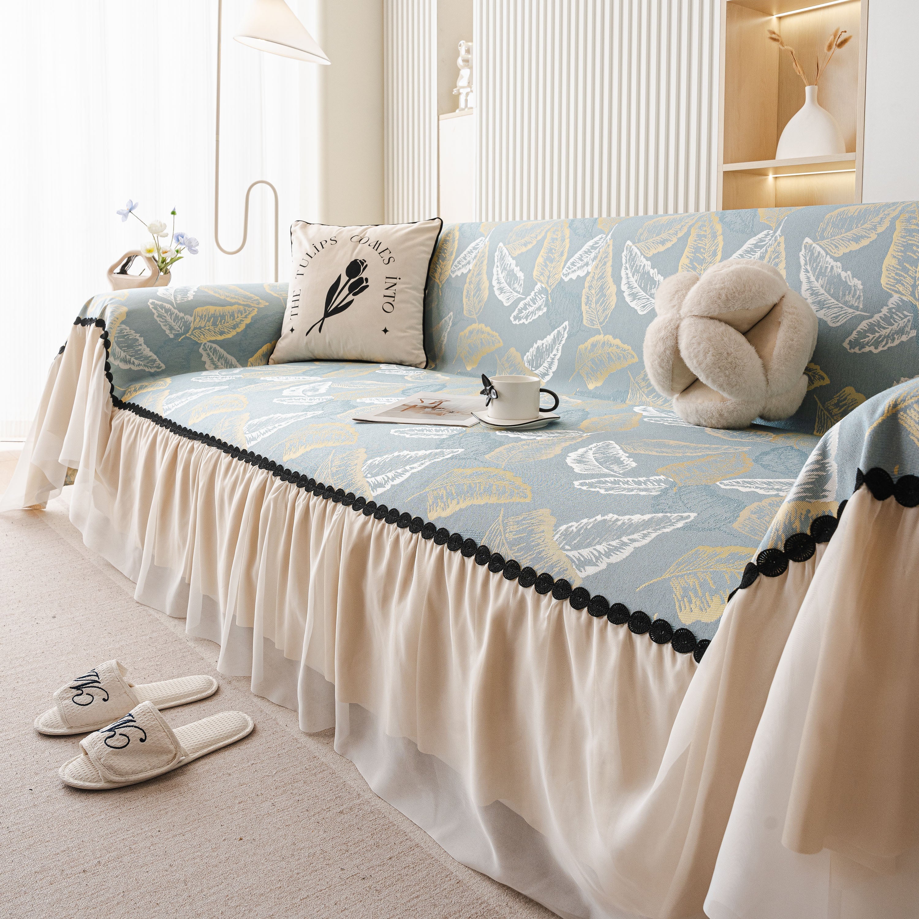 Leaf Jacquard Sofa Cover with Ruffle Skirt – Non-Slip Couch Protector with Sheer Hem