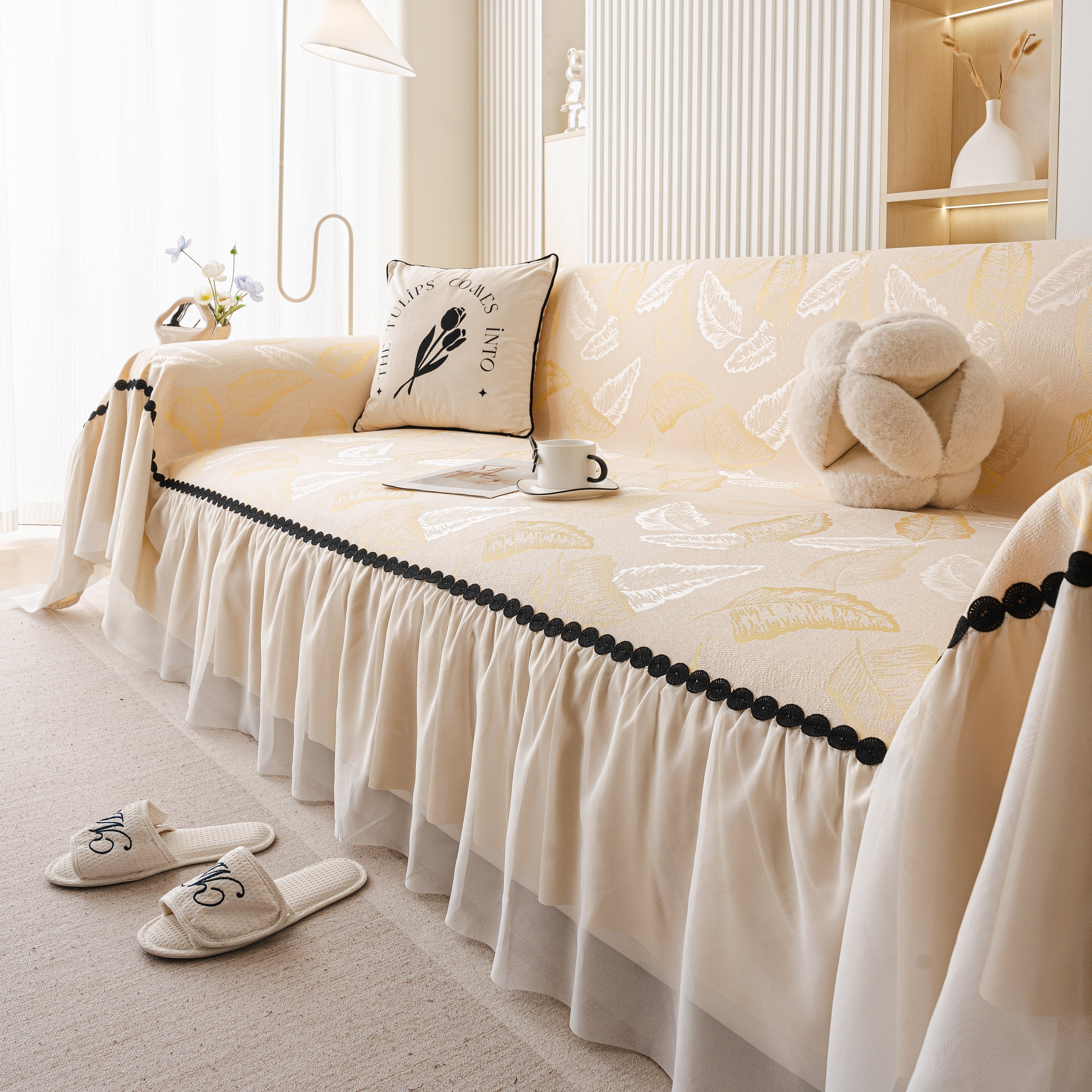 Leaf Jacquard Sofa Cover with Ruffle Skirt – Non-Slip Couch Protector with Sheer Hem