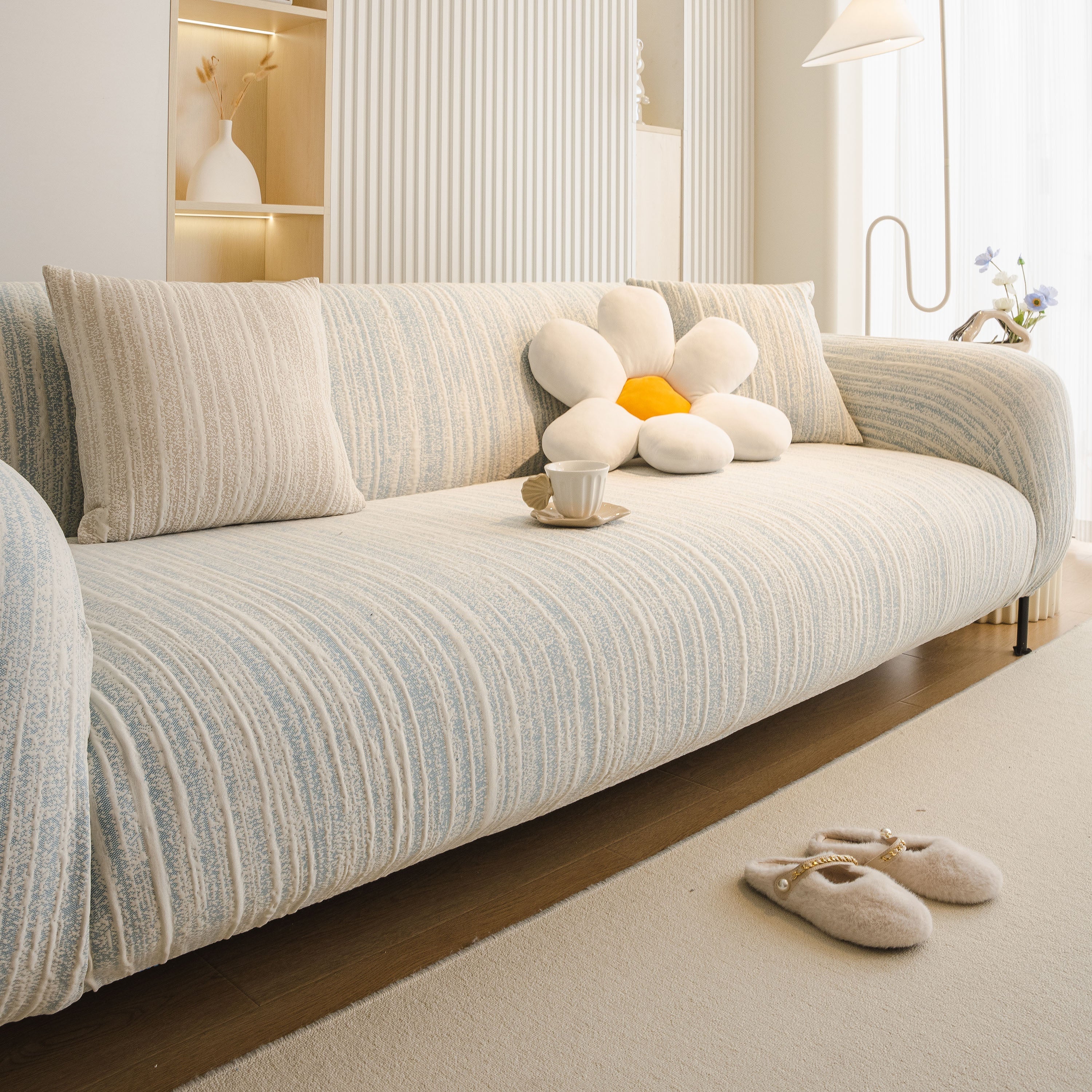 Ribbed Washable Sofa Cover, High Stretch Striped Couch Slipcover with Tie Straps