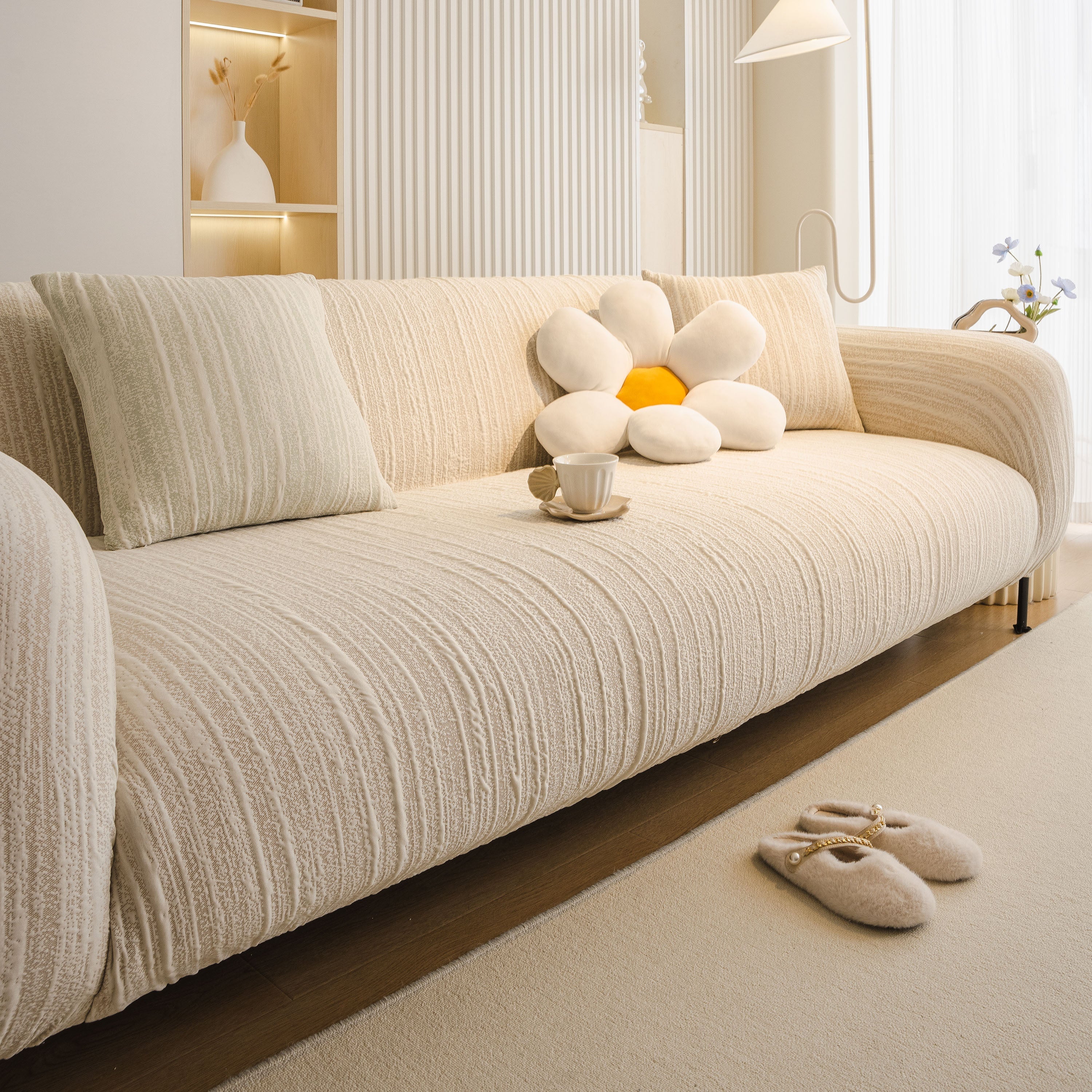 Ribbed Washable Sofa Cover, High Stretch Striped Couch Slipcover with Tie Straps
