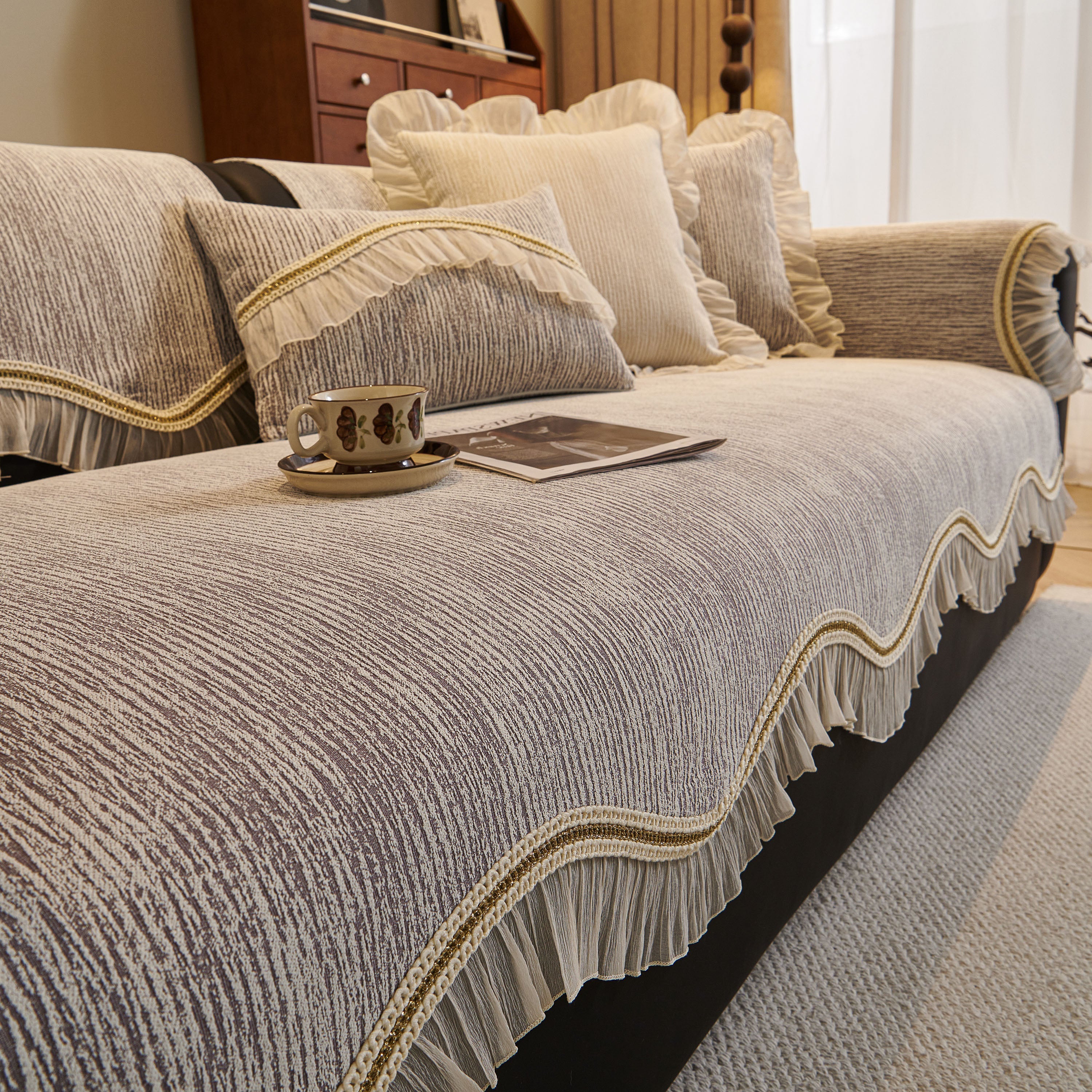 French Vintage Style Couch Cover with Skirt,  Non-Slip Sectional Furniture Covers