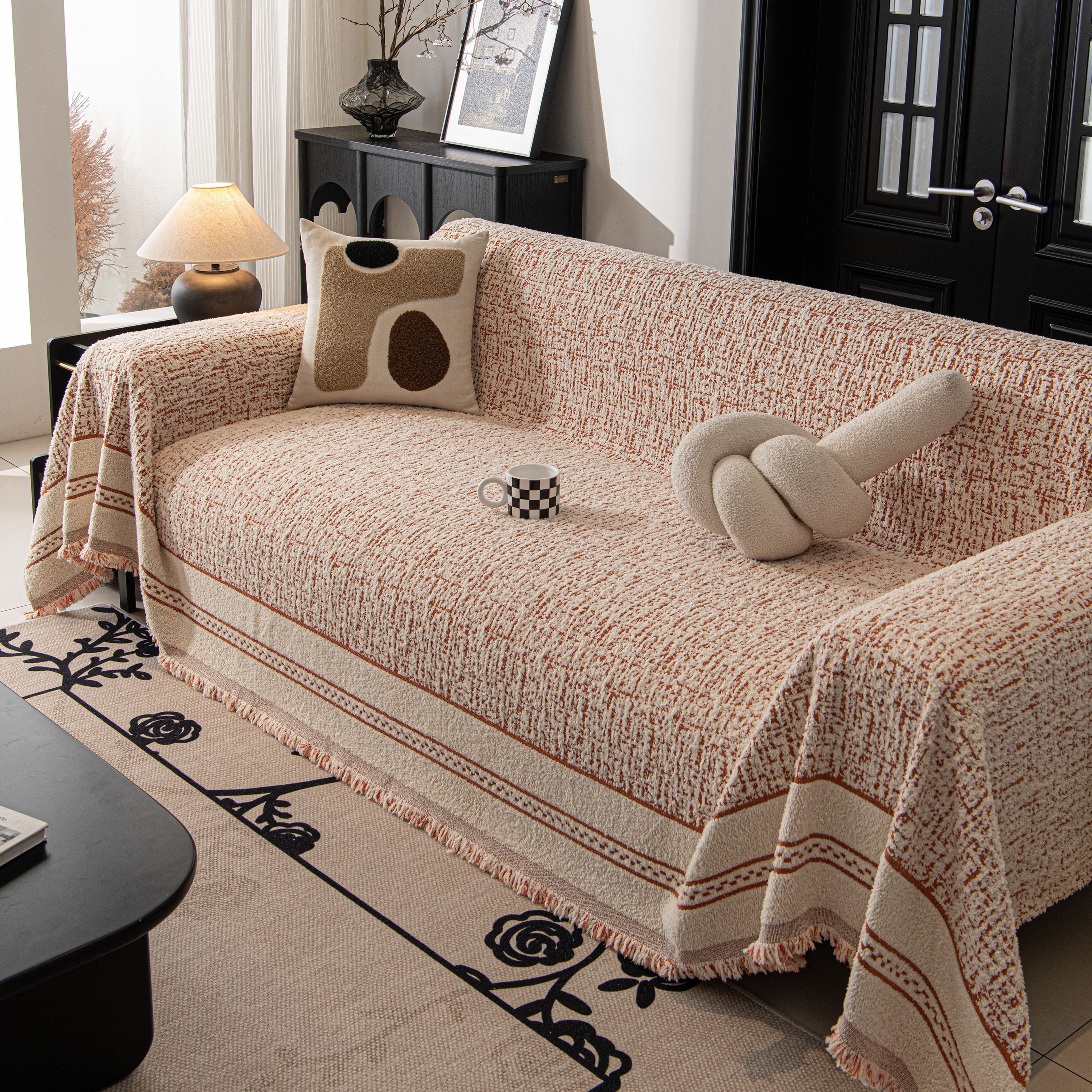 Textured Woven Furniture Protector for Couch, Rustic Farmhouse Sofa Throw Blanket