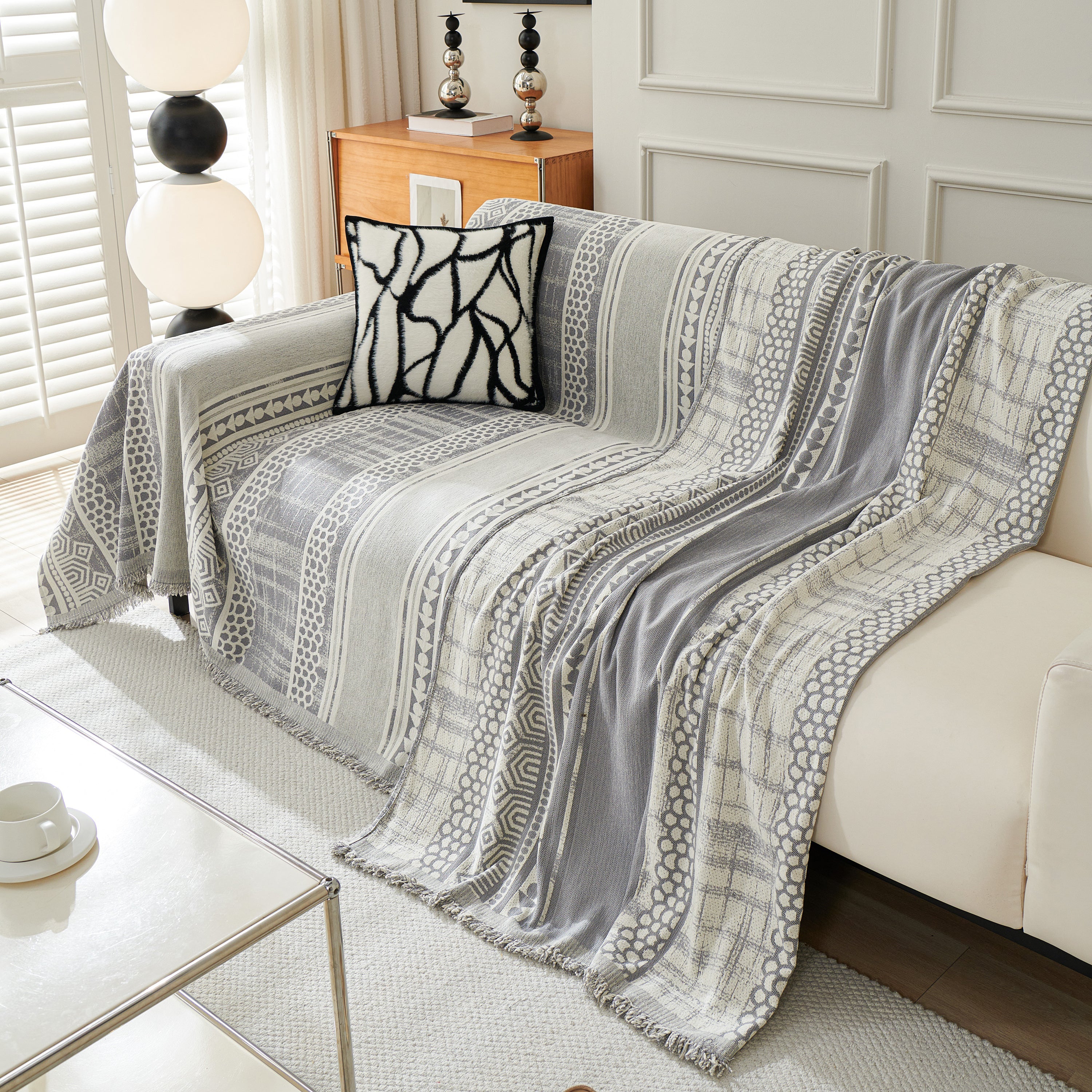 Chenille Sofa Cover Throw Blanket, Boho Geometric Scratch Proof Couch Protector