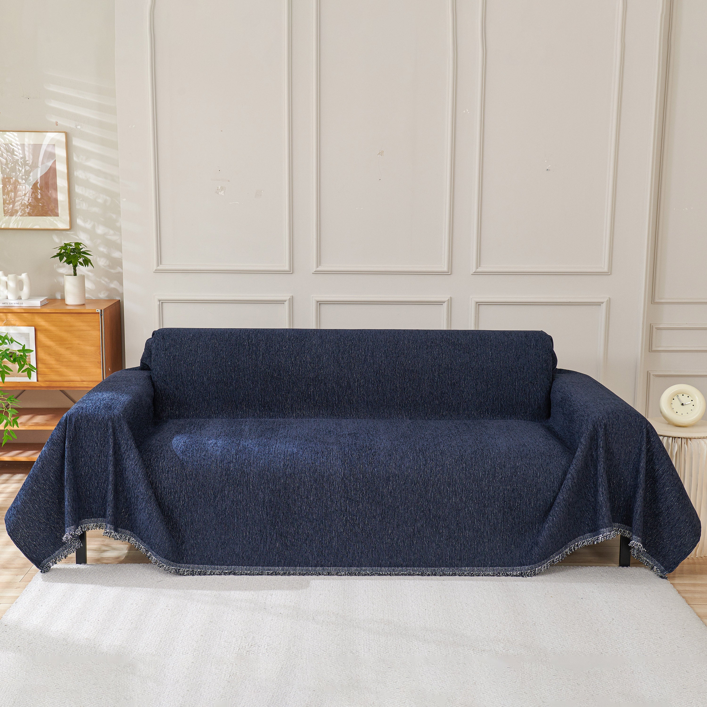 Solid Color Chenille Sofa Throw Blanket, Modern Decor Soft Couch Cover with Fringes