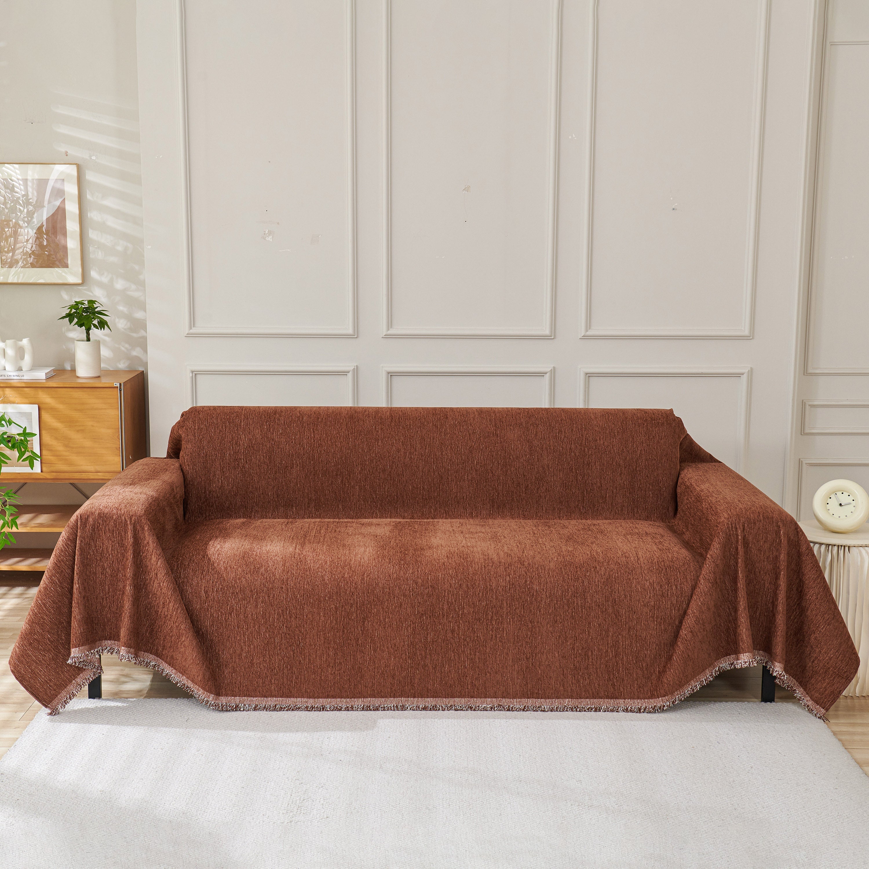 Solid Color Chenille Sofa Throw Blanket, Modern Decor Soft Couch Cover with Fringes