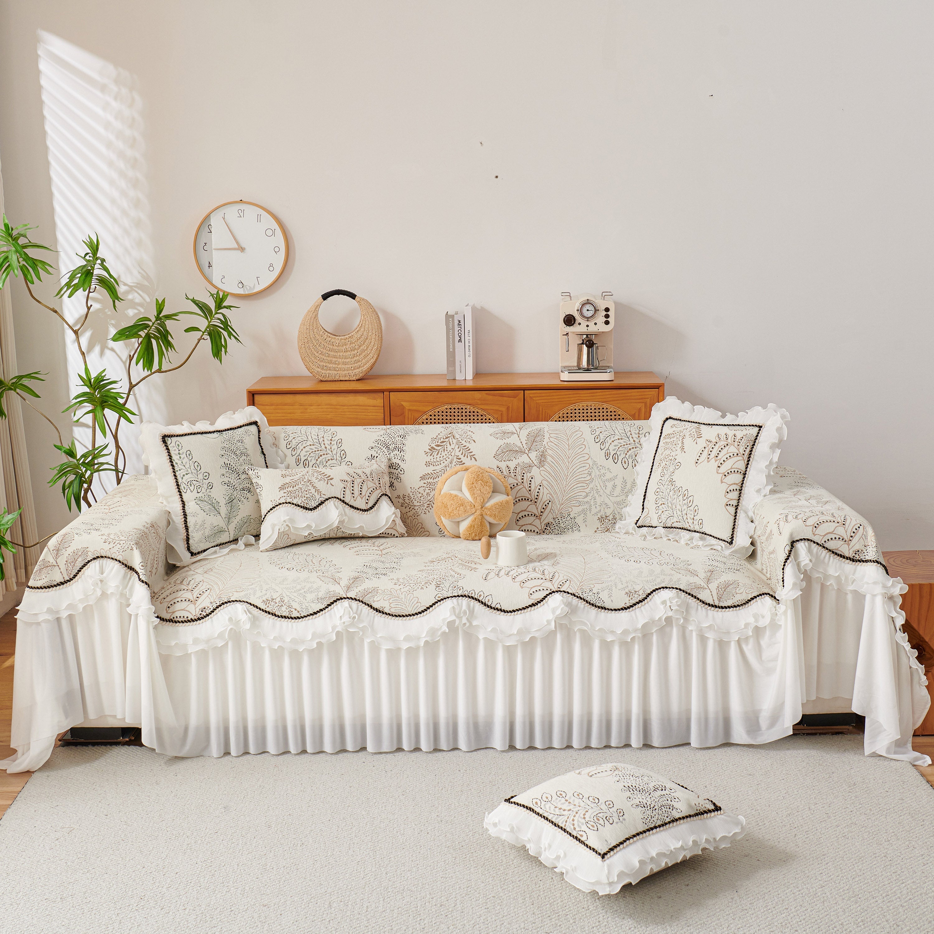 Farmhouse Ruffled Lace Sofa Slipcover Vintage Furniture Protector with Botanical Print
