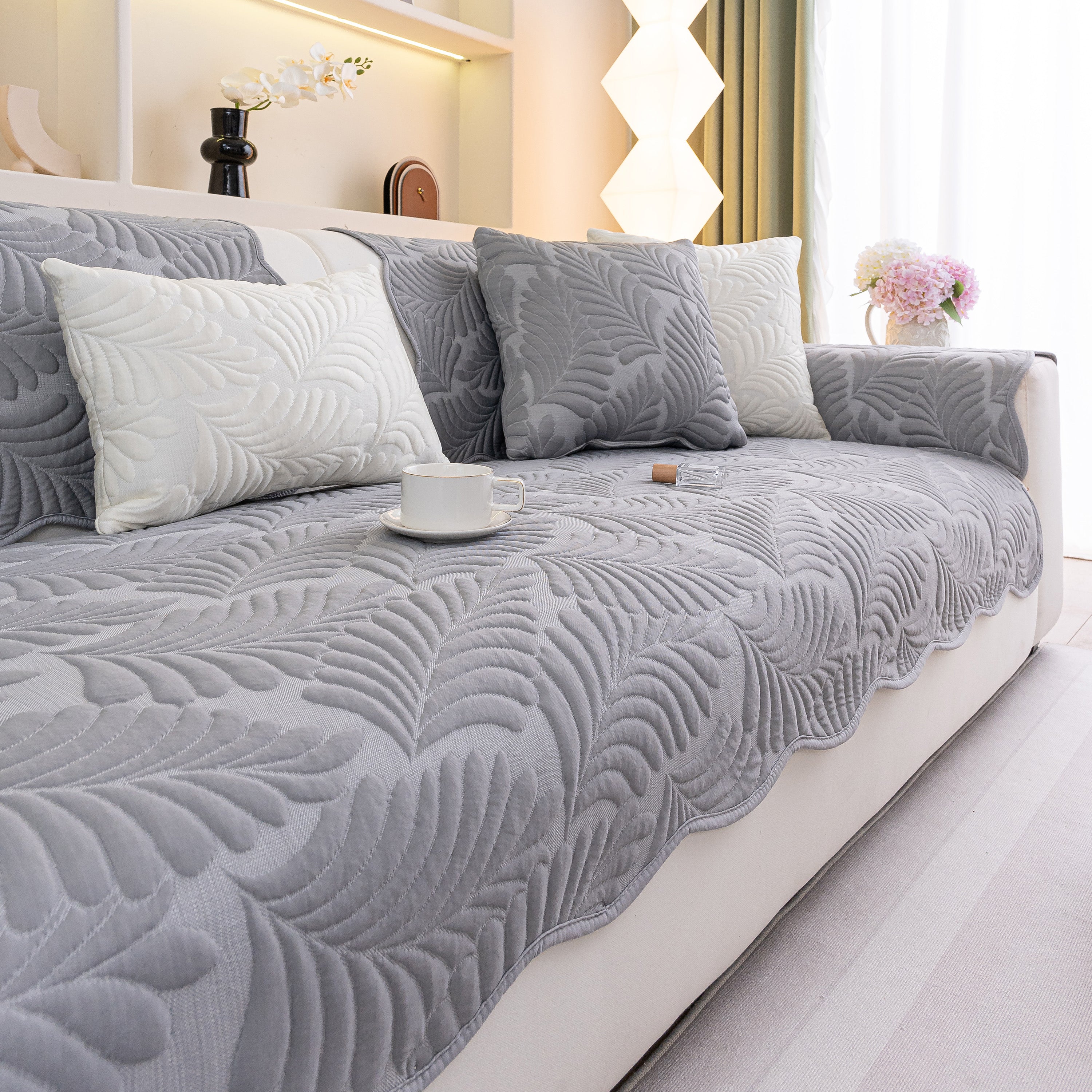 Sofa Cover for Leather & Fabric Couches, 3D Leaf Embossed Quilted Furniture Covers