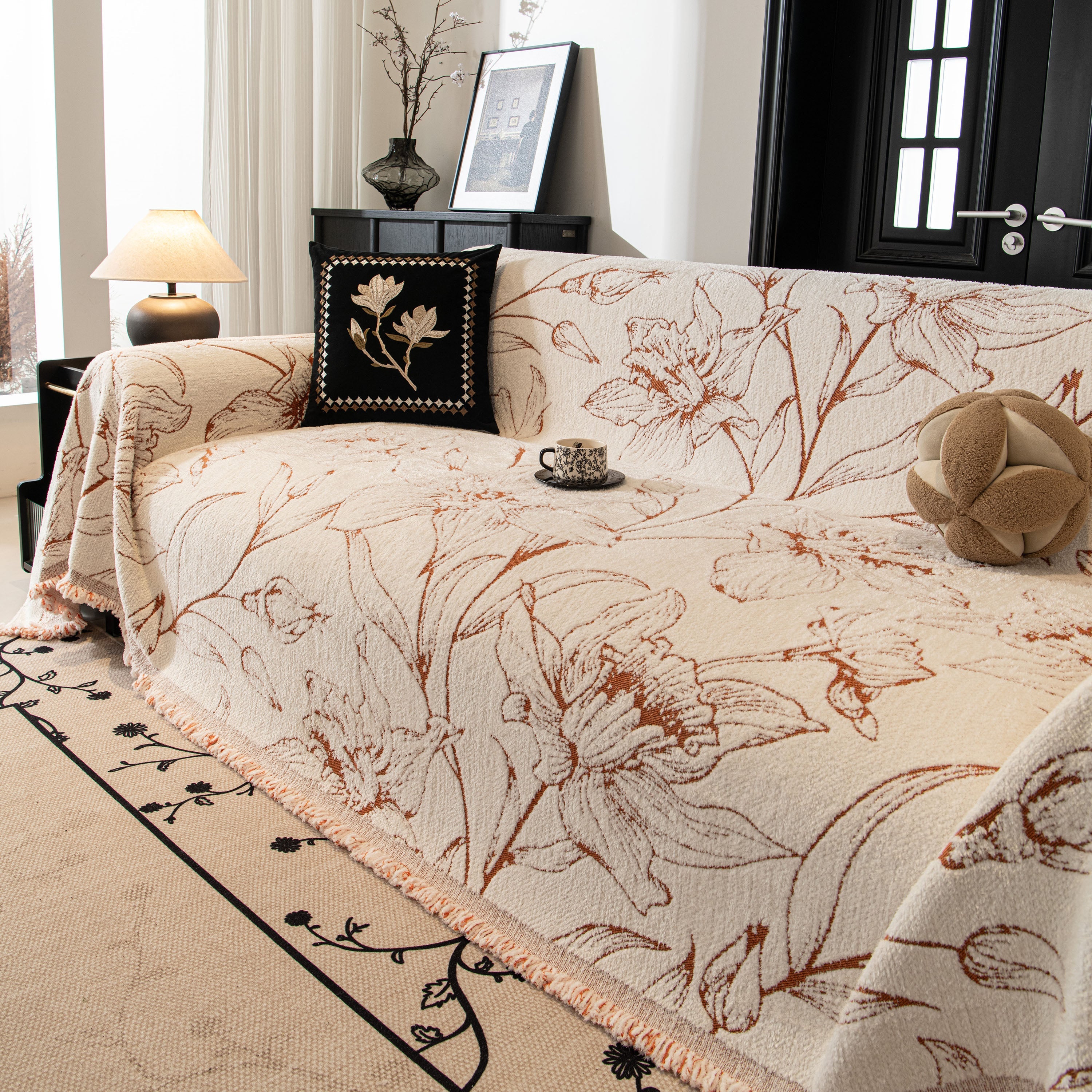 Large Floral Sofa Cover Throw Blanket, Plush Jacquard Non-Shedding Couch Cover for Pets