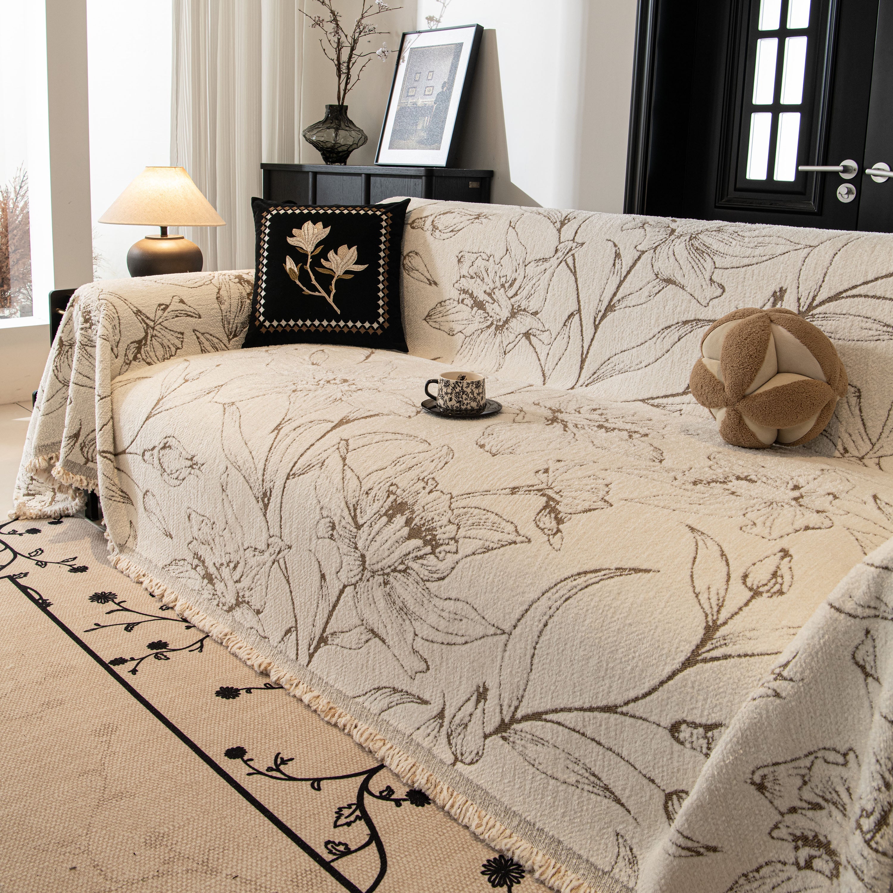 Large Floral Sofa Cover Throw Blanket, Plush Jacquard Non-Shedding Couch Cover for Pets