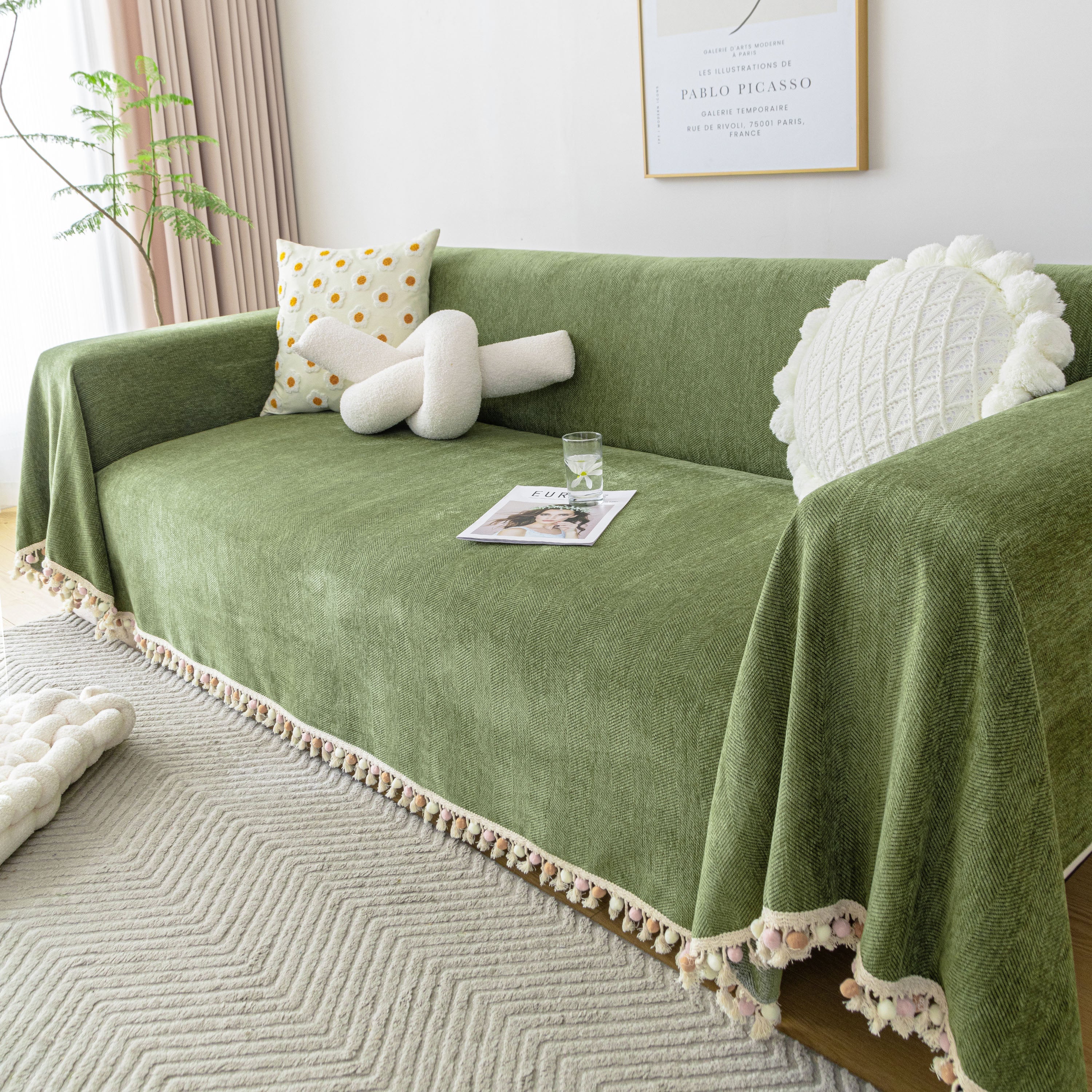 Boho Herringbone Sofa Throw Blanket with Pom Pom Tassels Stylish Furniture Slipcover